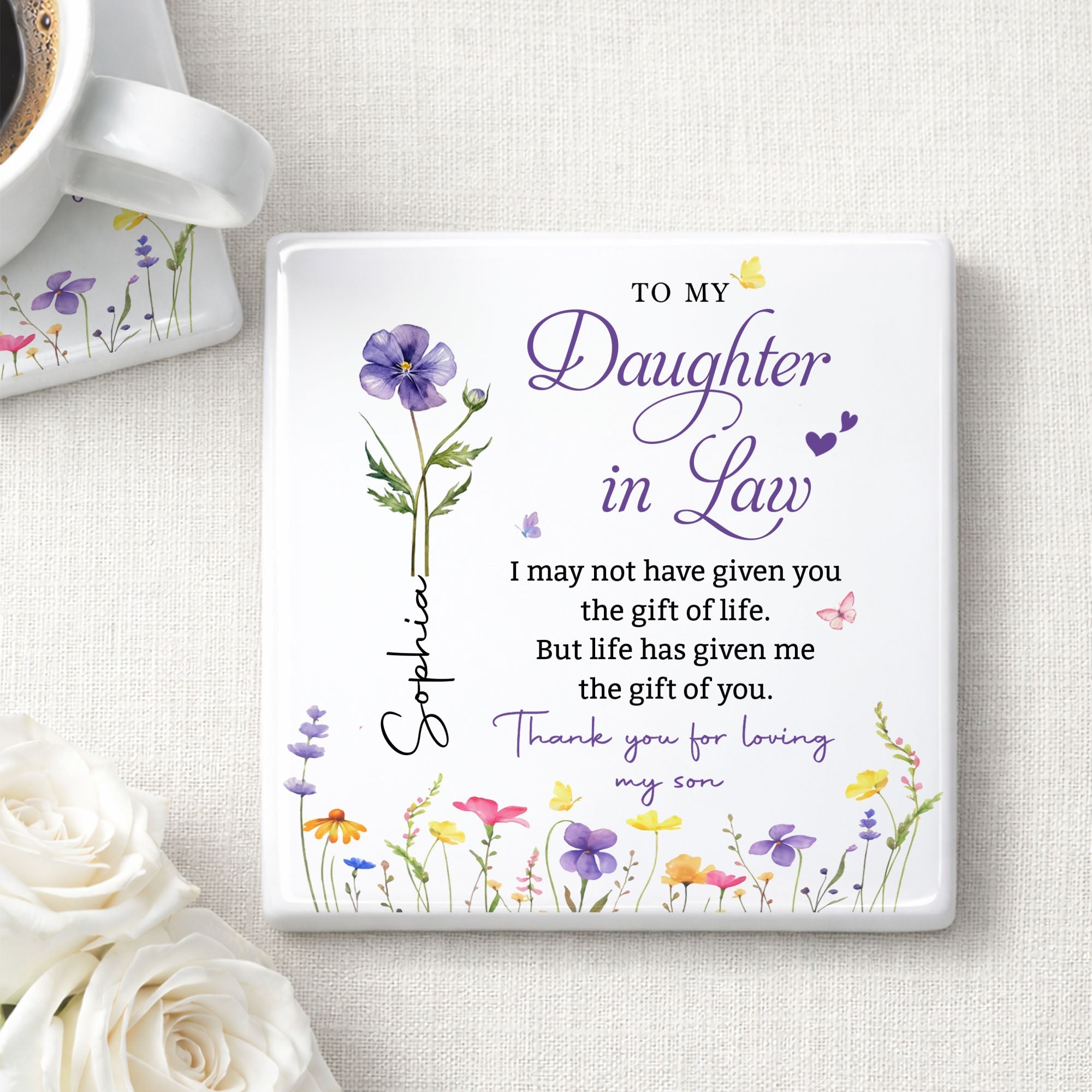 Personalized Floral Ceramic Coaster Gift for Daughter-in-Law