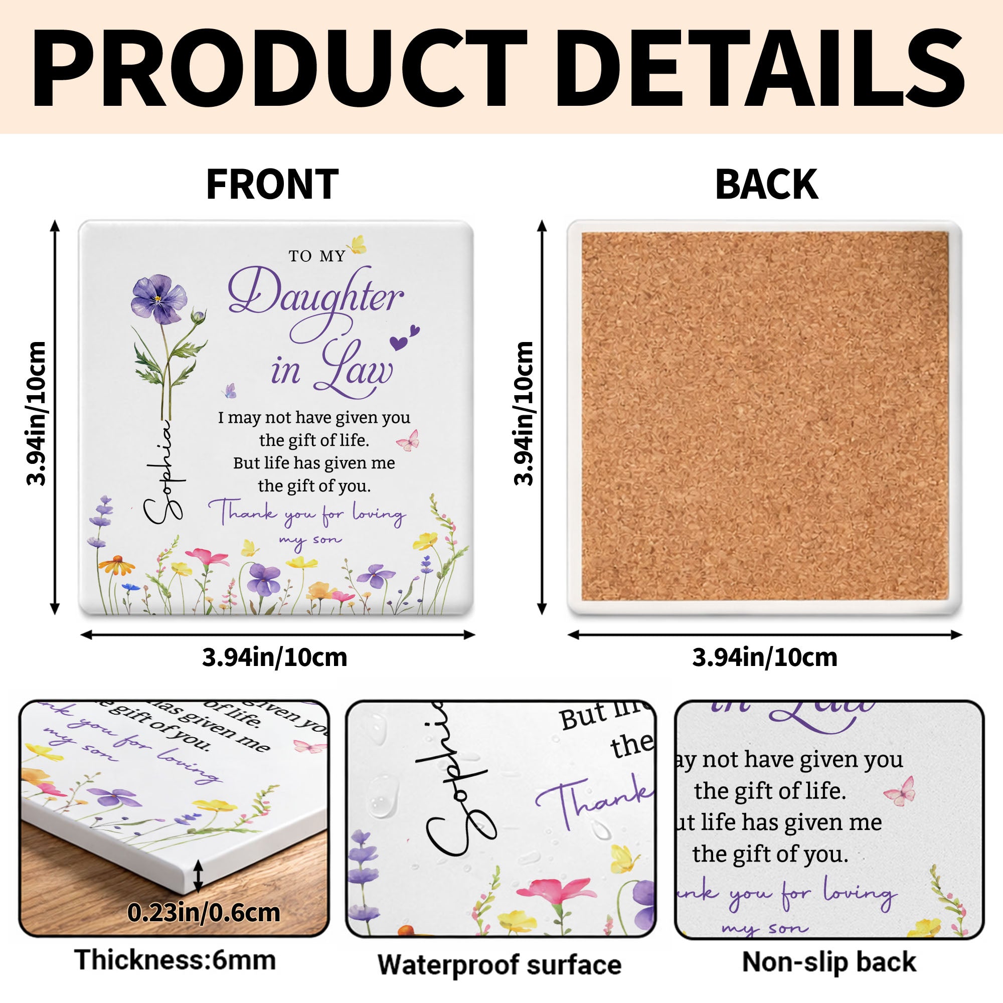 Personalized Floral Ceramic Coaster Gift for Daughter-in-Law