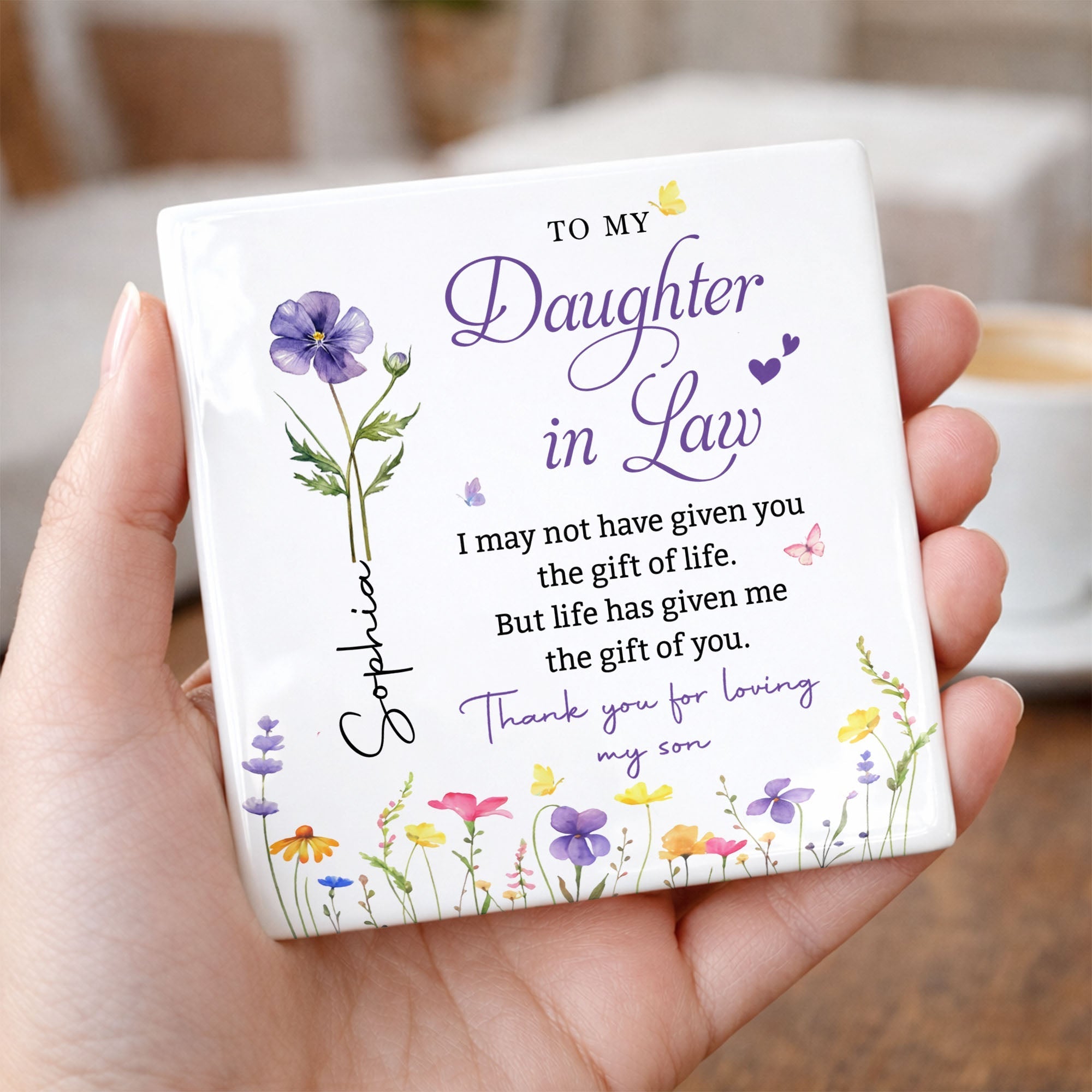 Personalized Floral Ceramic Coaster Gift for Daughter-in-Law