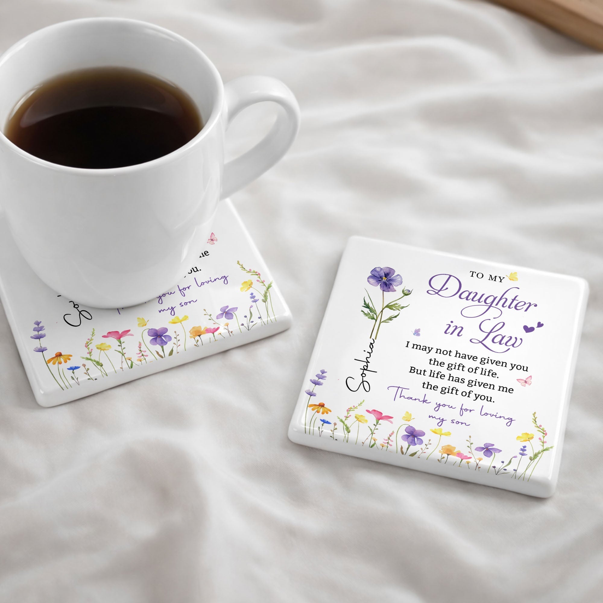 Personalized Floral Ceramic Coaster Gift for Daughter-in-Law