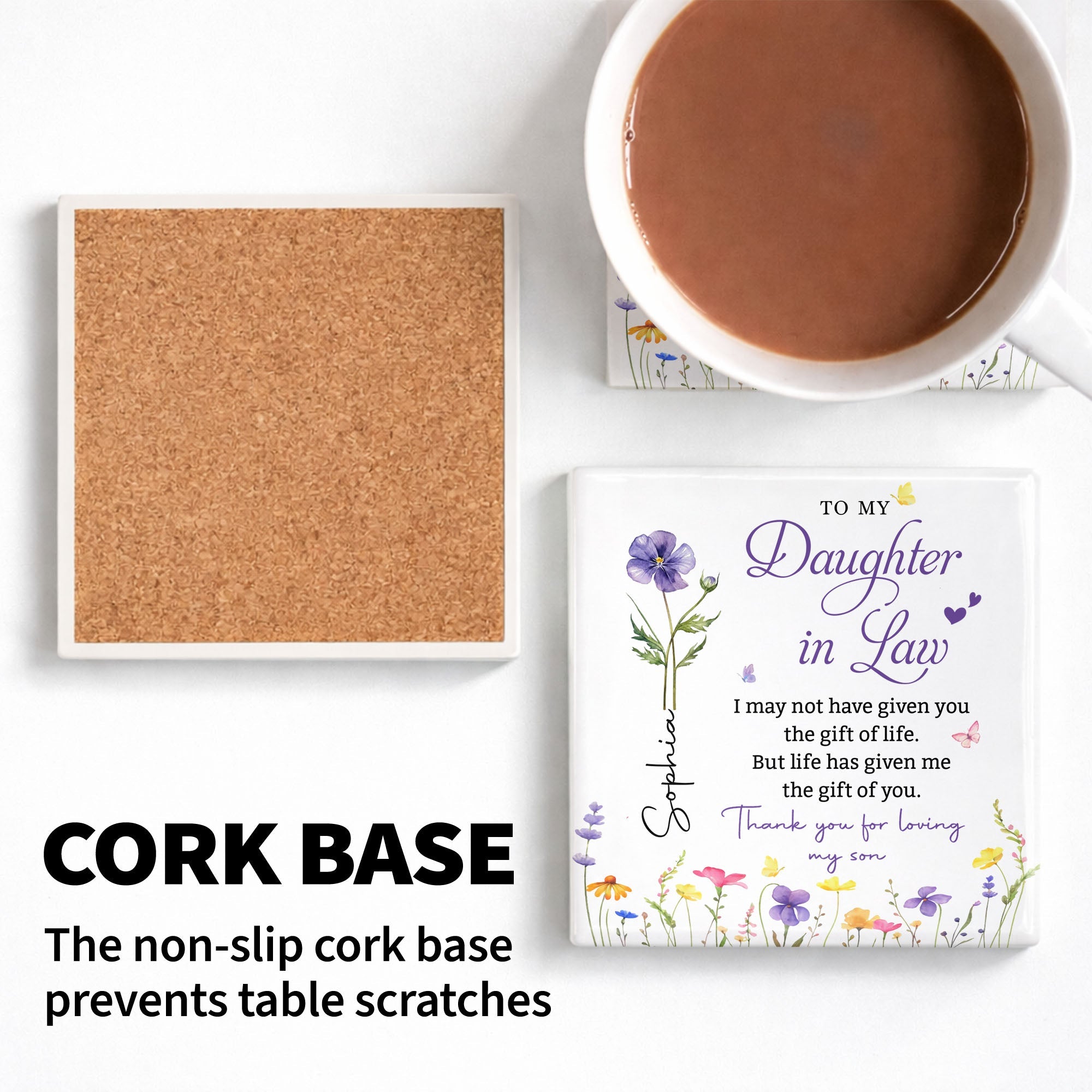 Personalized Floral Ceramic Coaster Gift for Daughter-in-Law