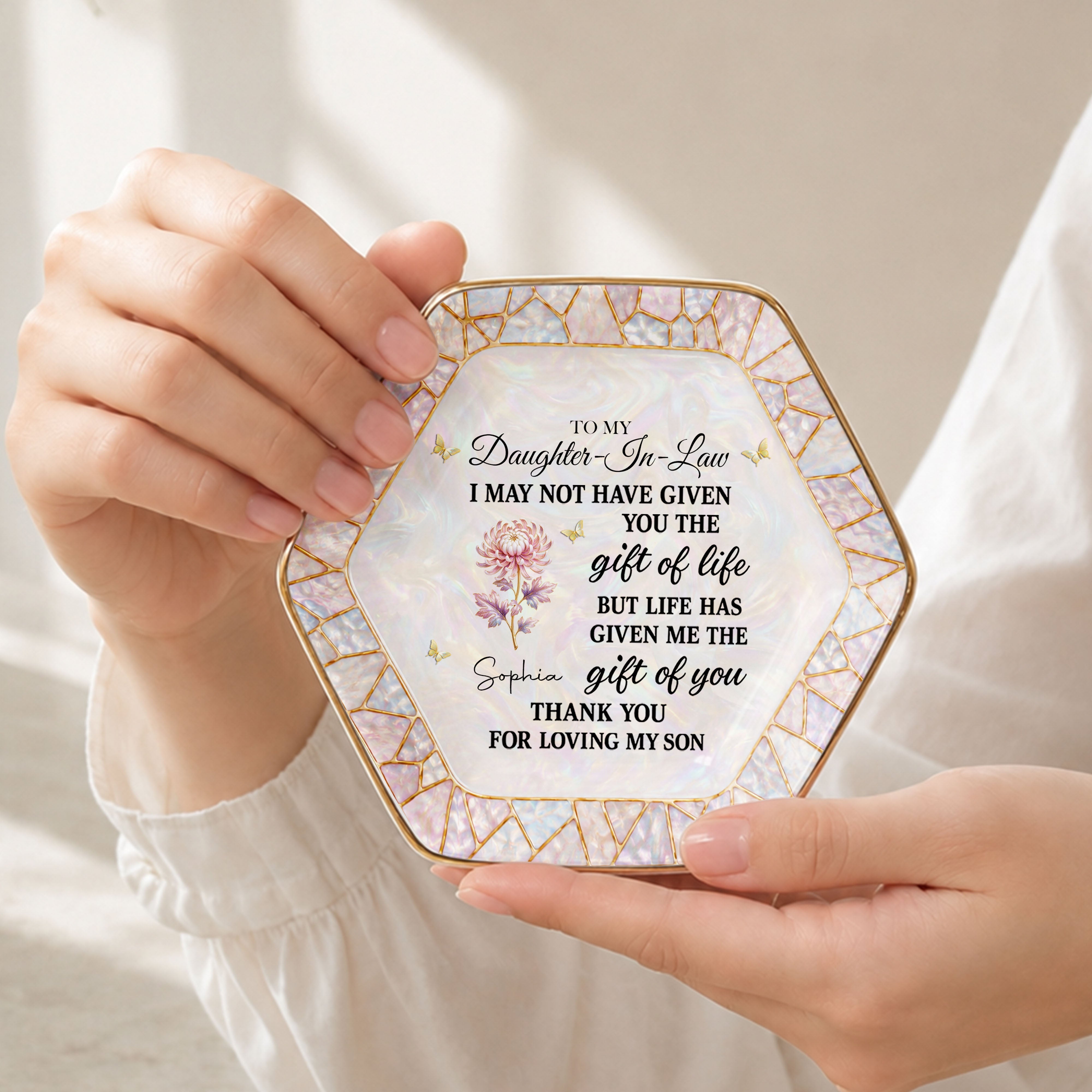 Personalized Ceramic Jewelry Dish Custom Name Hexagon Gift for Daughter-in-Law