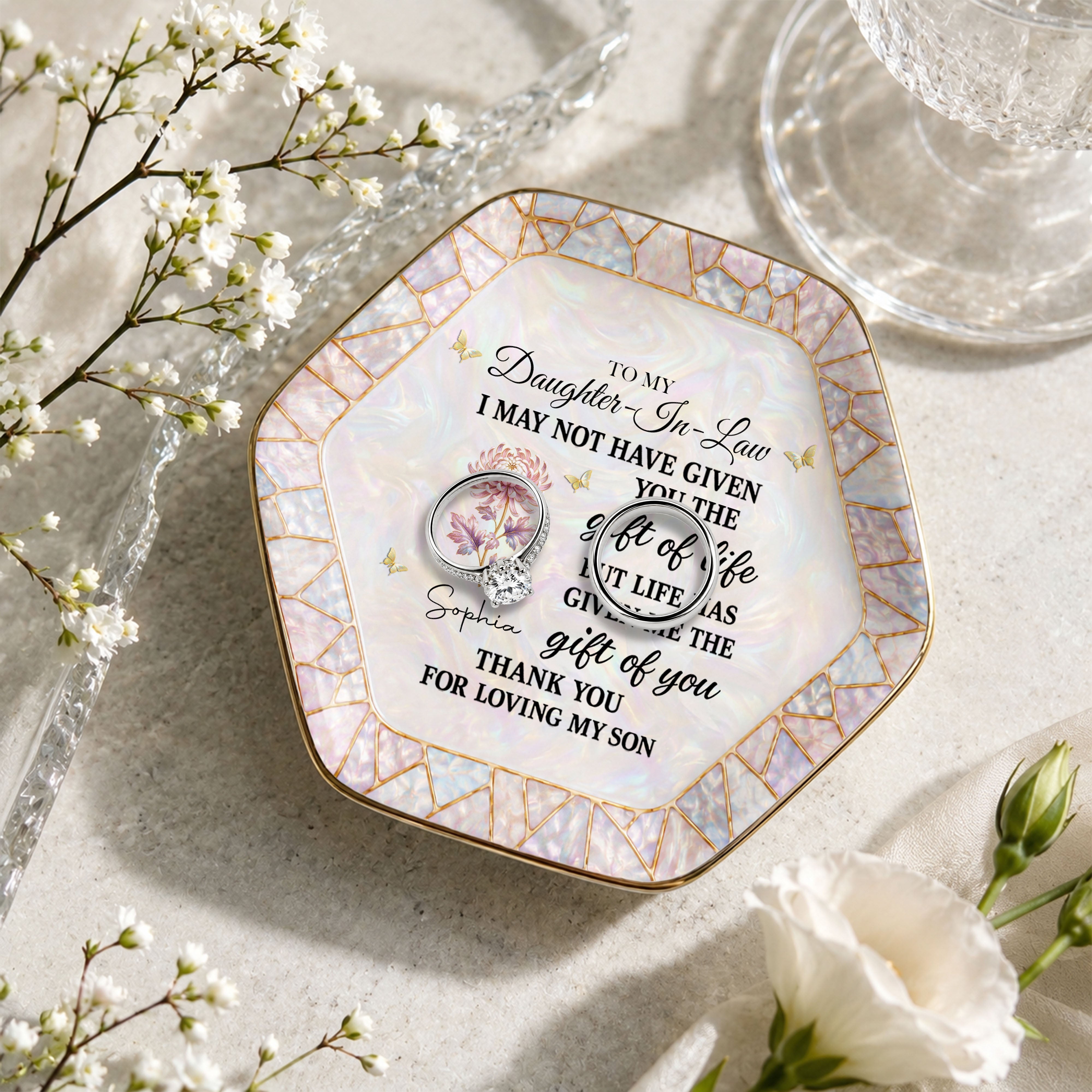 Personalized Ceramic Jewelry Dish Custom Name Hexagon Gift for Daughter-in-Law