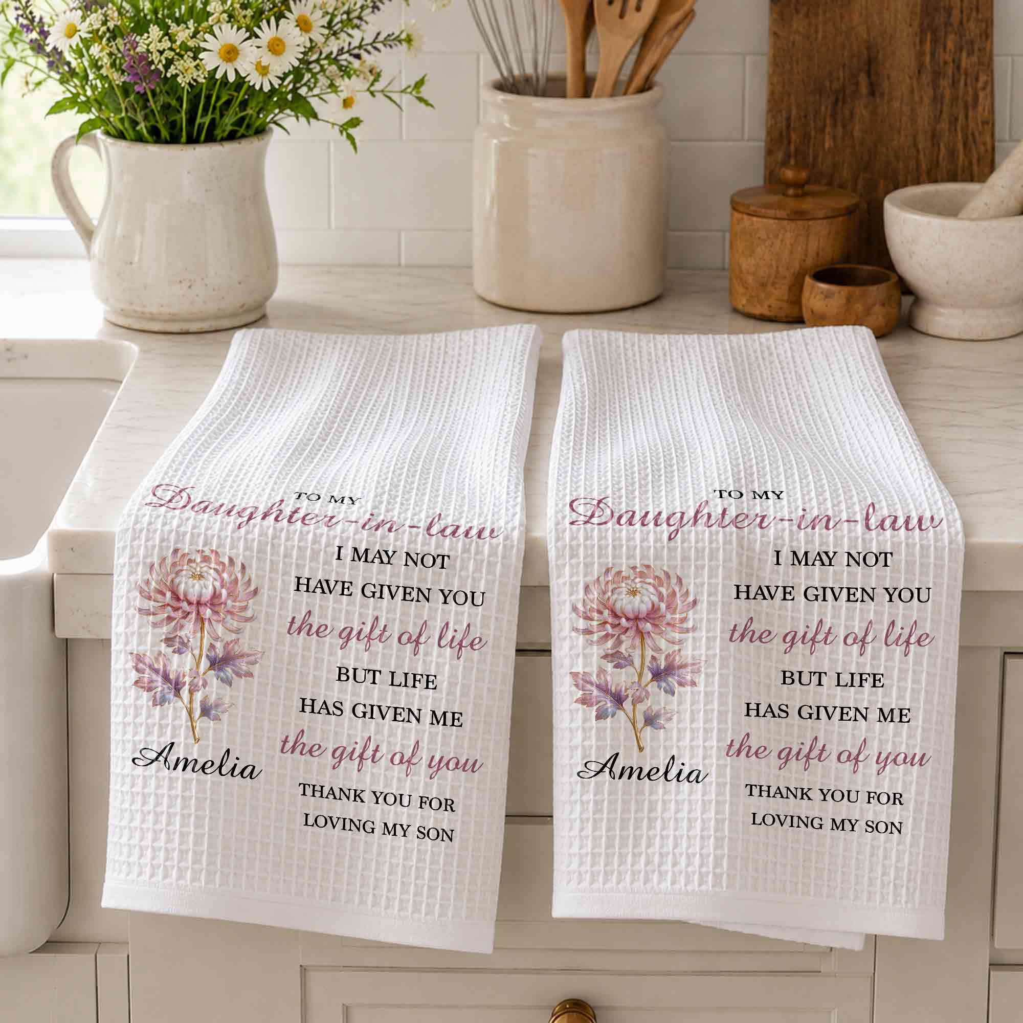 Personalized Floral Kitchen Towel Custom Gift for Daughter-in-Law