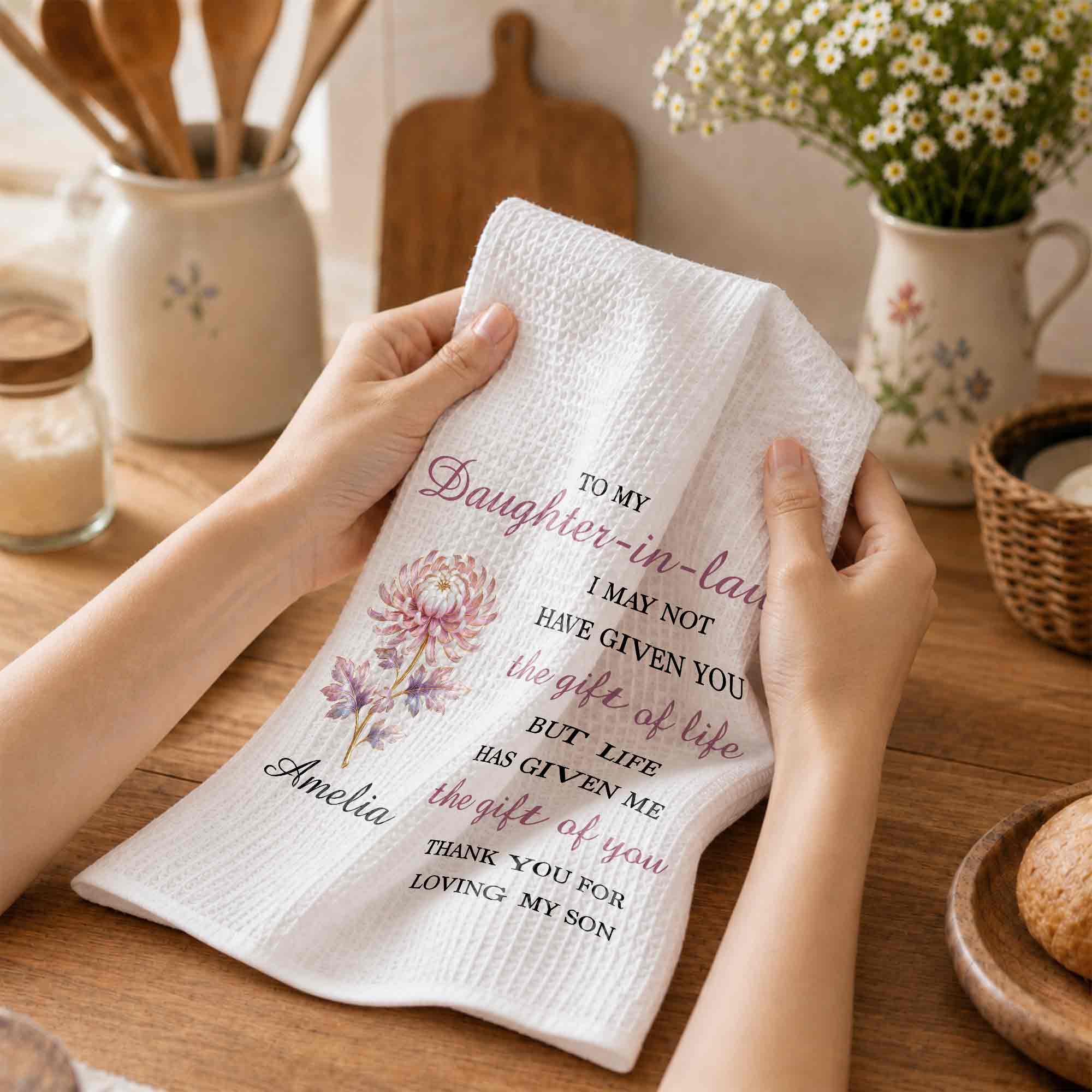 Personalized Floral Kitchen Towel Custom Gift for Daughter-in-Law