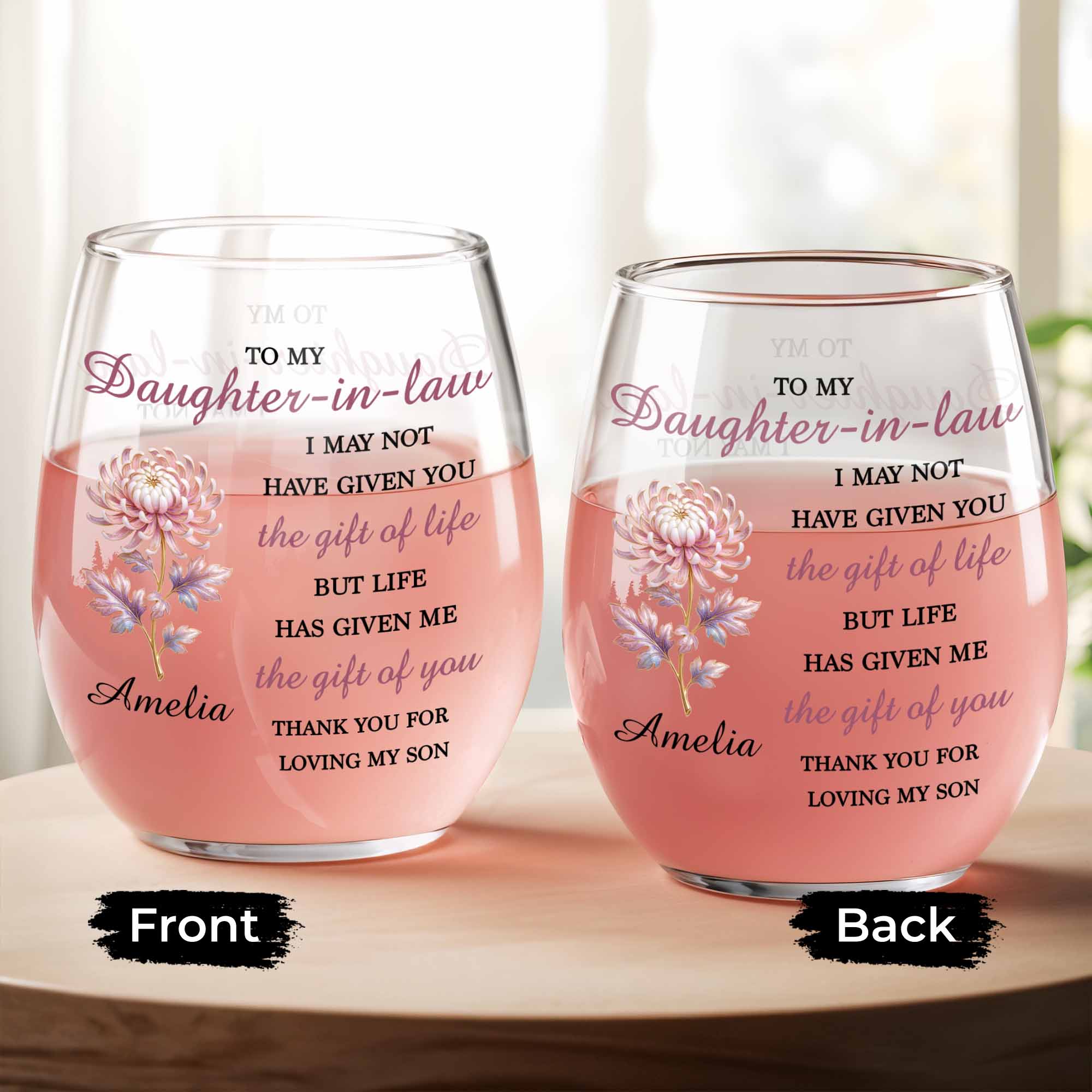 Personalized Stemless Wine Glass Birth Month Flower Gift for Daughter-in-Law
