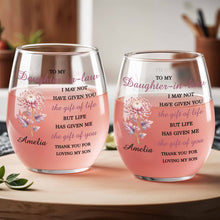 Load image into Gallery viewer, Personalized Stemless Wine Glass Birth Month Flower Gift for Daughter-in-Law
