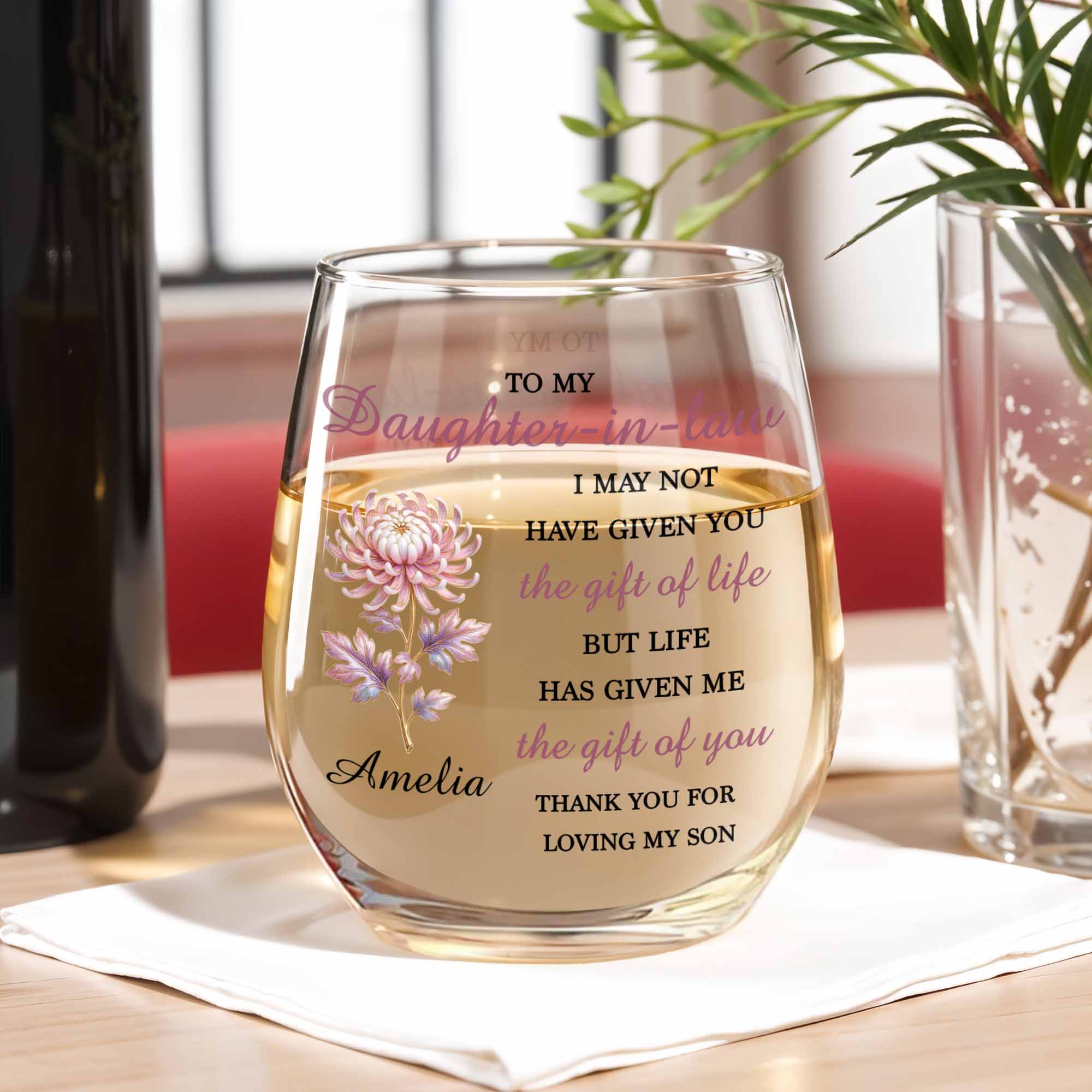 Personalized Stemless Wine Glass Birth Month Flower Gift for Daughter-in-Law