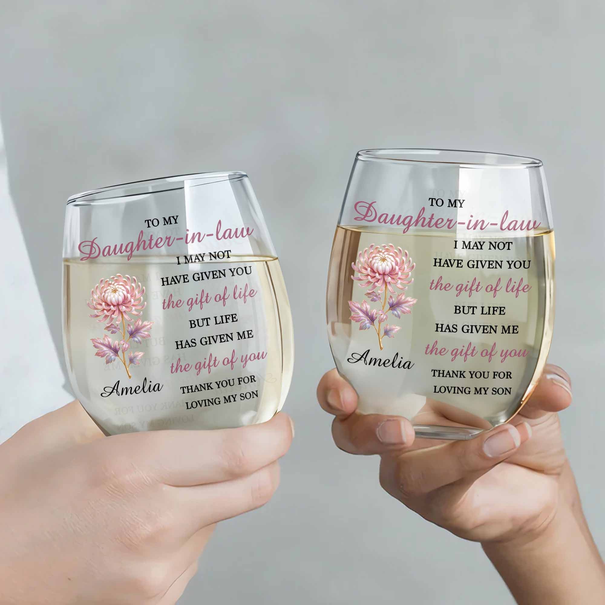 Personalized Stemless Wine Glass Birth Month Flower Gift for Daughter-in-Law