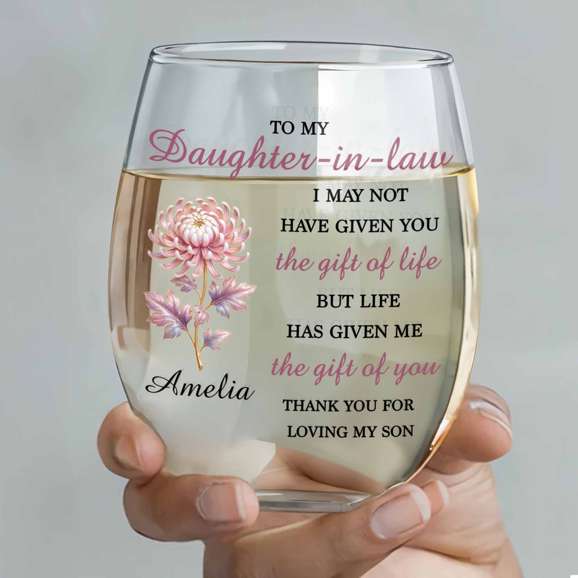 Personalized Stemless Wine Glass Birth Month Flower Gift for Daughter-in-Law