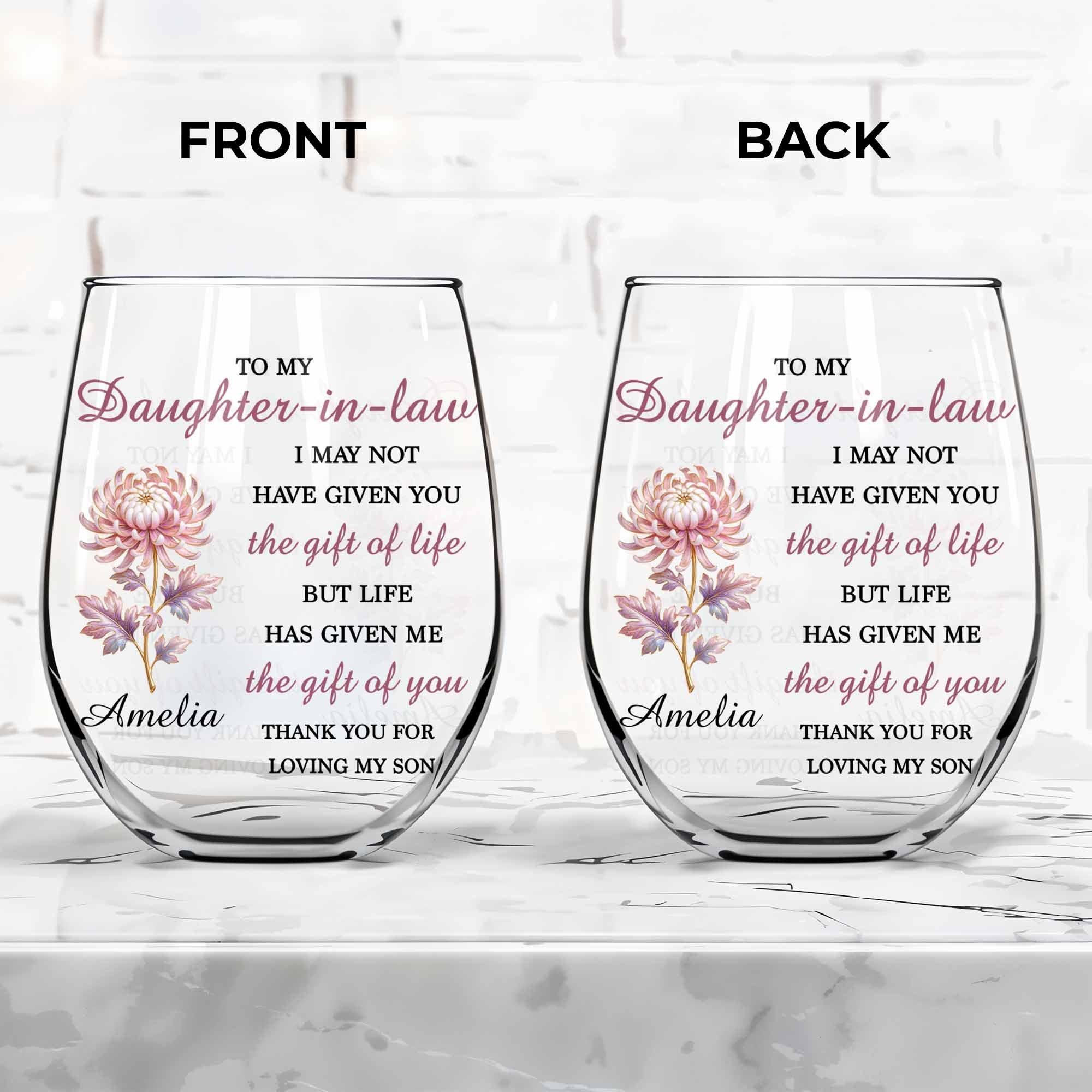Personalized Stemless Wine Glass Birth Month Flower Gift for Daughter-in-Law