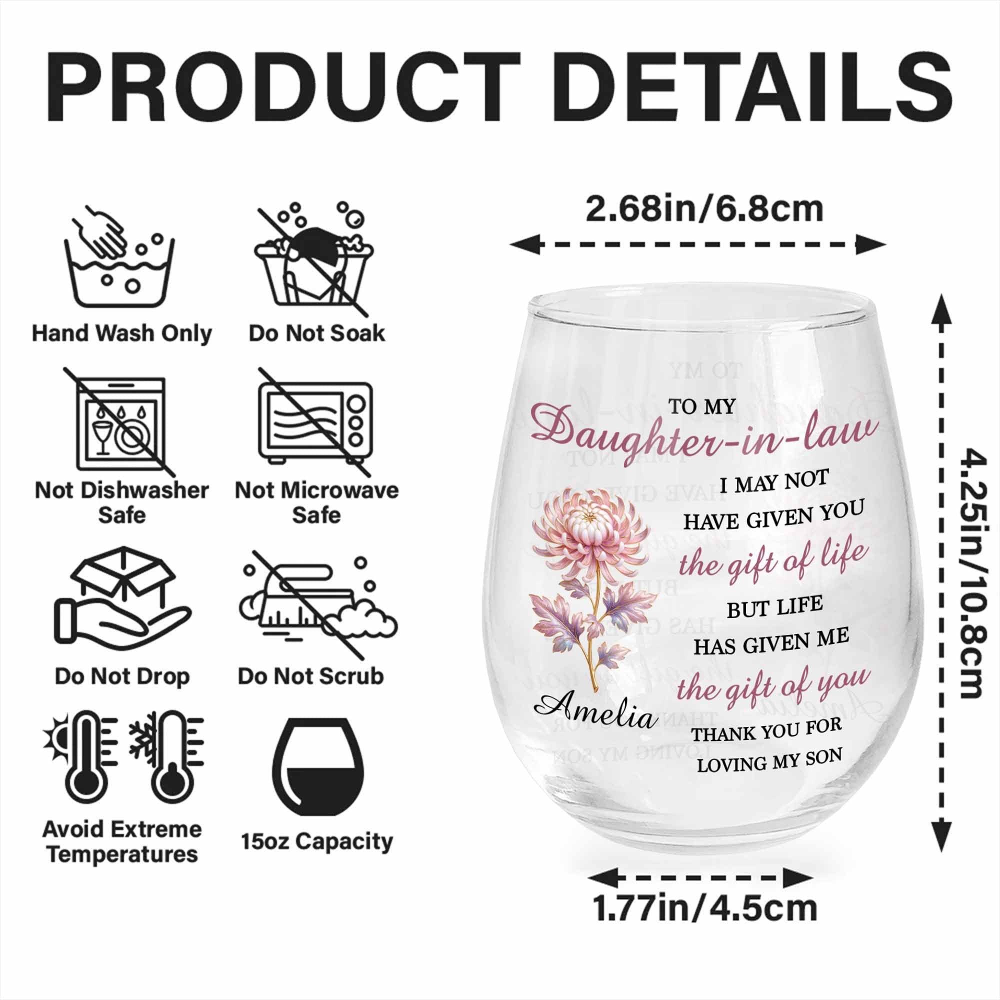 Personalized Stemless Wine Glass Birth Month Flower Gift for Daughter-in-Law