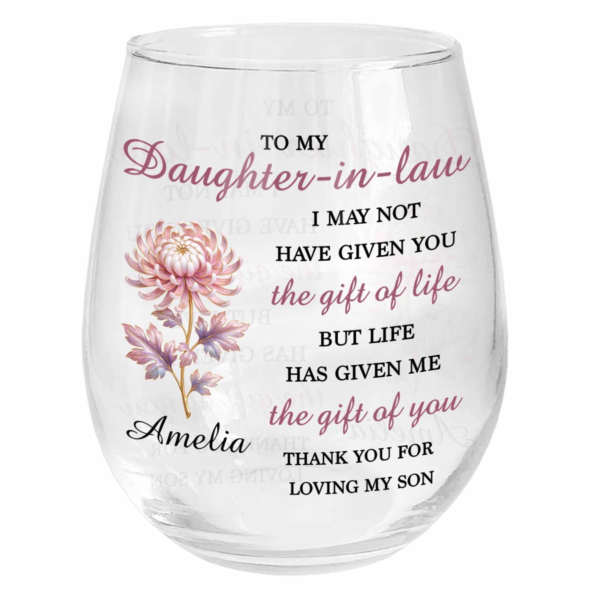 Personalized Stemless Wine Glass Birth Month Flower Gift for Daughter-in-Law