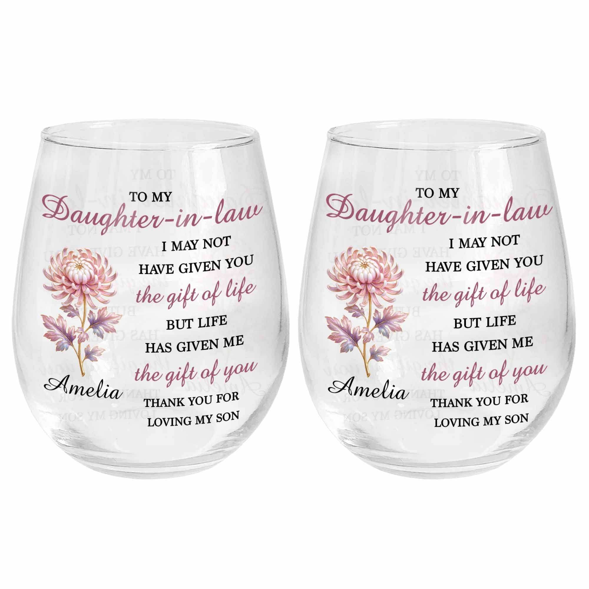 Personalized Stemless Wine Glass Birth Month Flower Gift for Daughter-in-Law