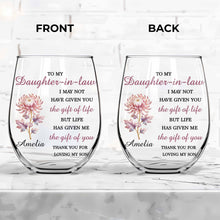 Load image into Gallery viewer, Personalized Stemless Wine Glass Birth Month Flower Gift for Daughter-in-Law
