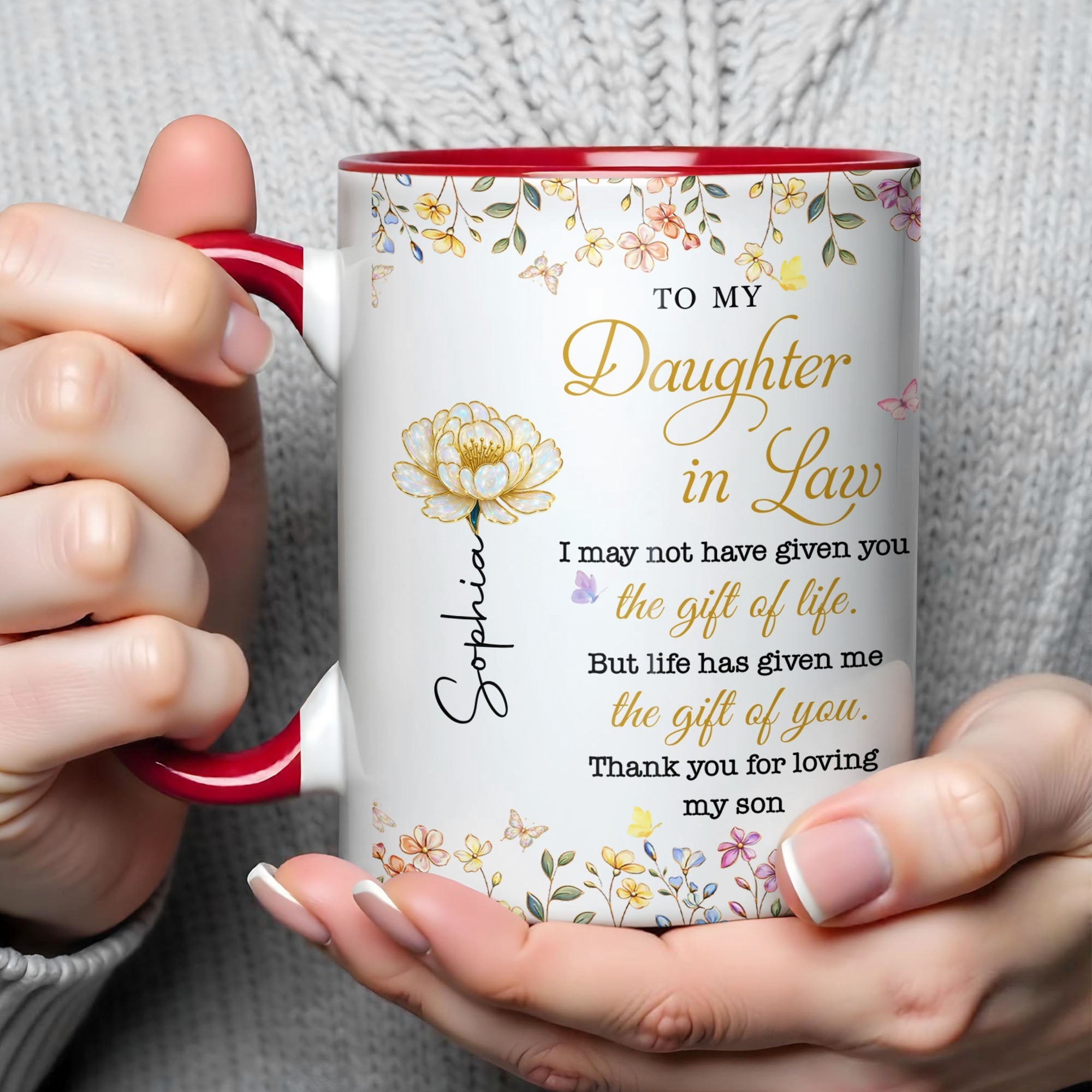 Personalized Accent Mug Custom Birth Month Flowers Gift for Daughter in Law