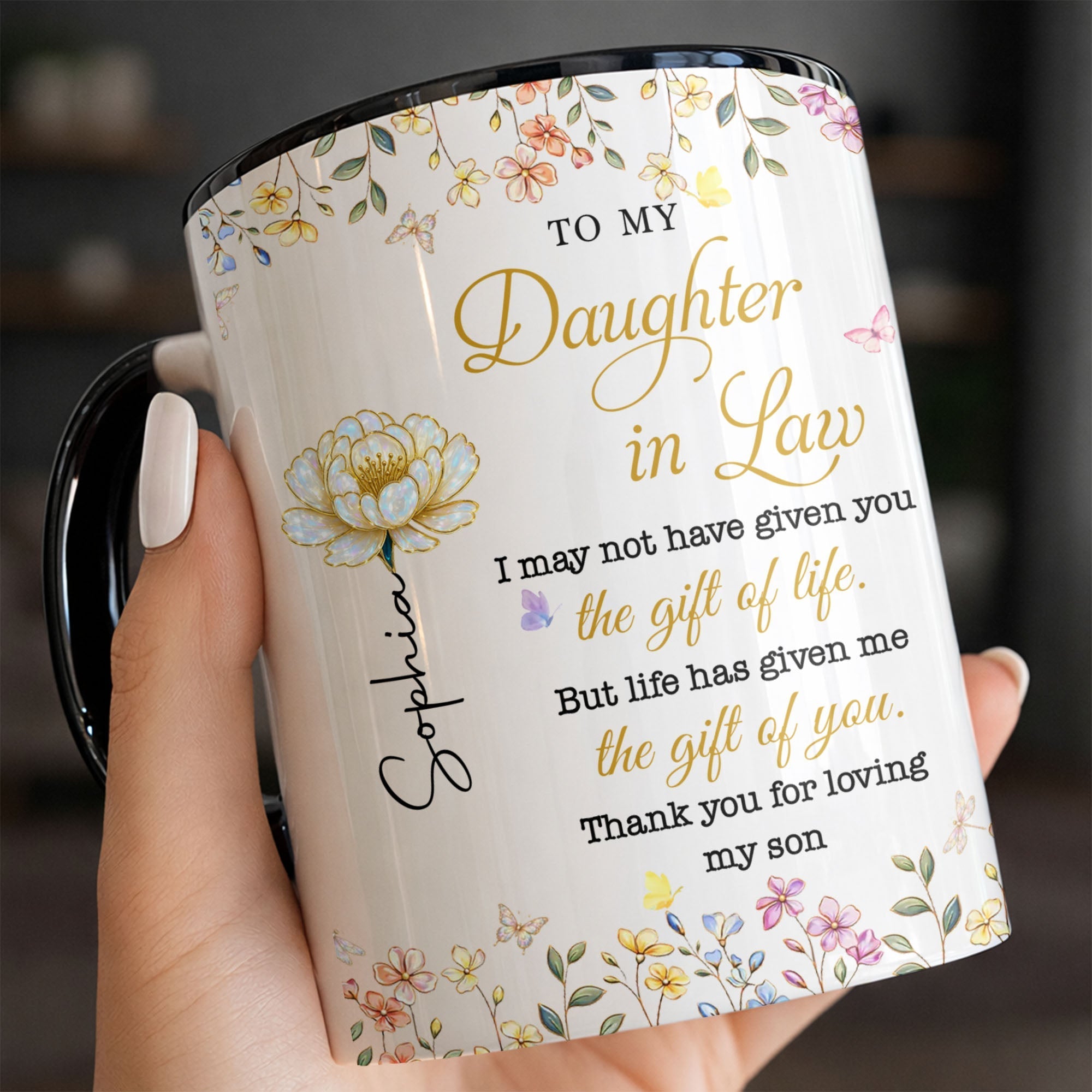 Personalized Accent Mug Custom Birth Month Flowers Gift for Daughter in Law
