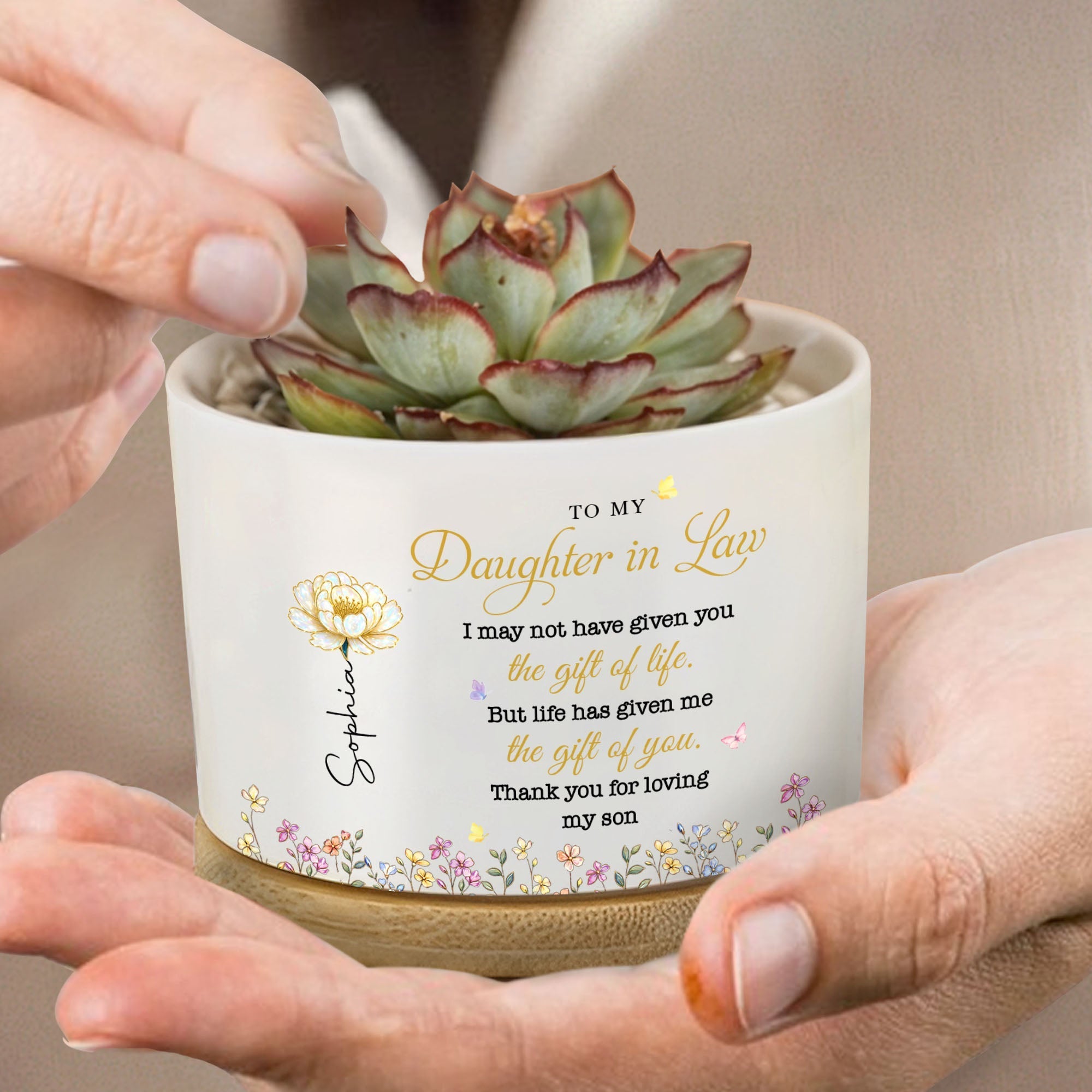 Personalized Ceramic Plant Pot Custom Birth Month Flowers Gift for Daughter-in-Law