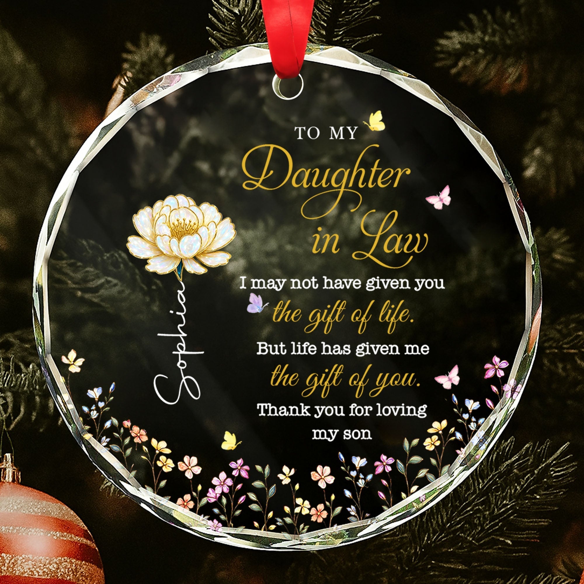 Personalized Glass Circle Ornament Custom Flowers for Daughter-in-Law