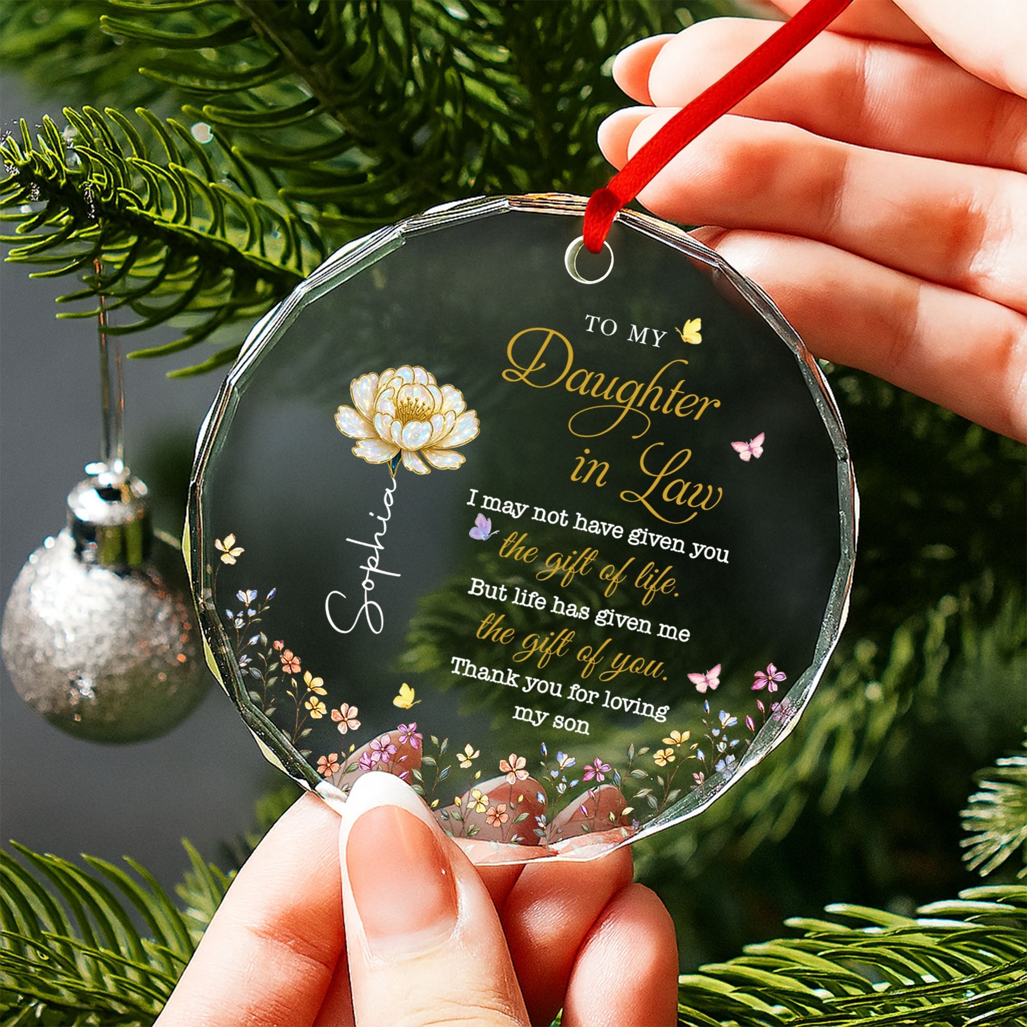 Personalized Glass Circle Ornament Custom Flowers for Daughter-in-Law