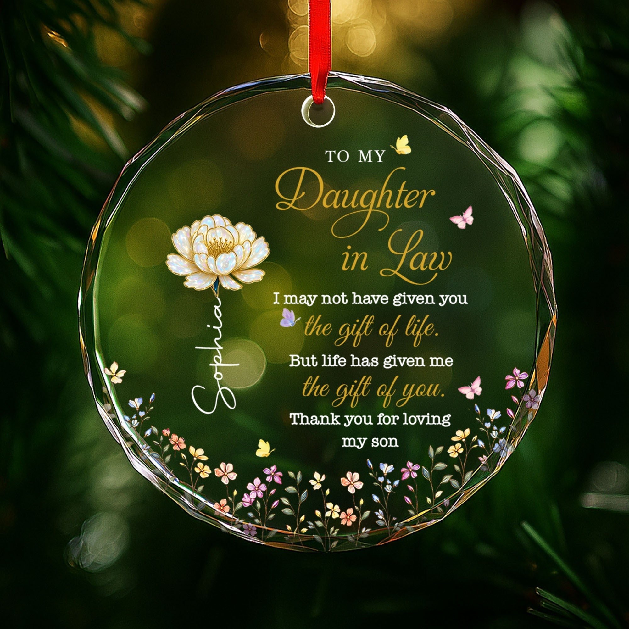 Personalized Glass Circle Ornament Custom Flowers for Daughter-in-Law