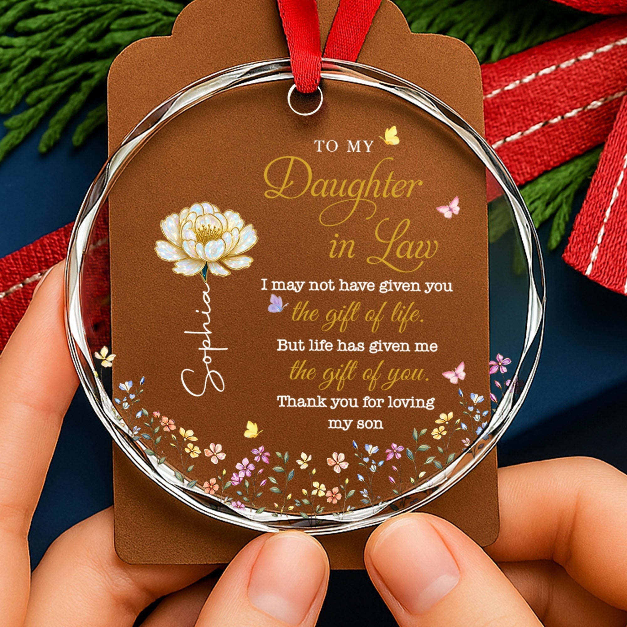 Personalized Glass Circle Ornament Custom Flowers for Daughter-in-Law