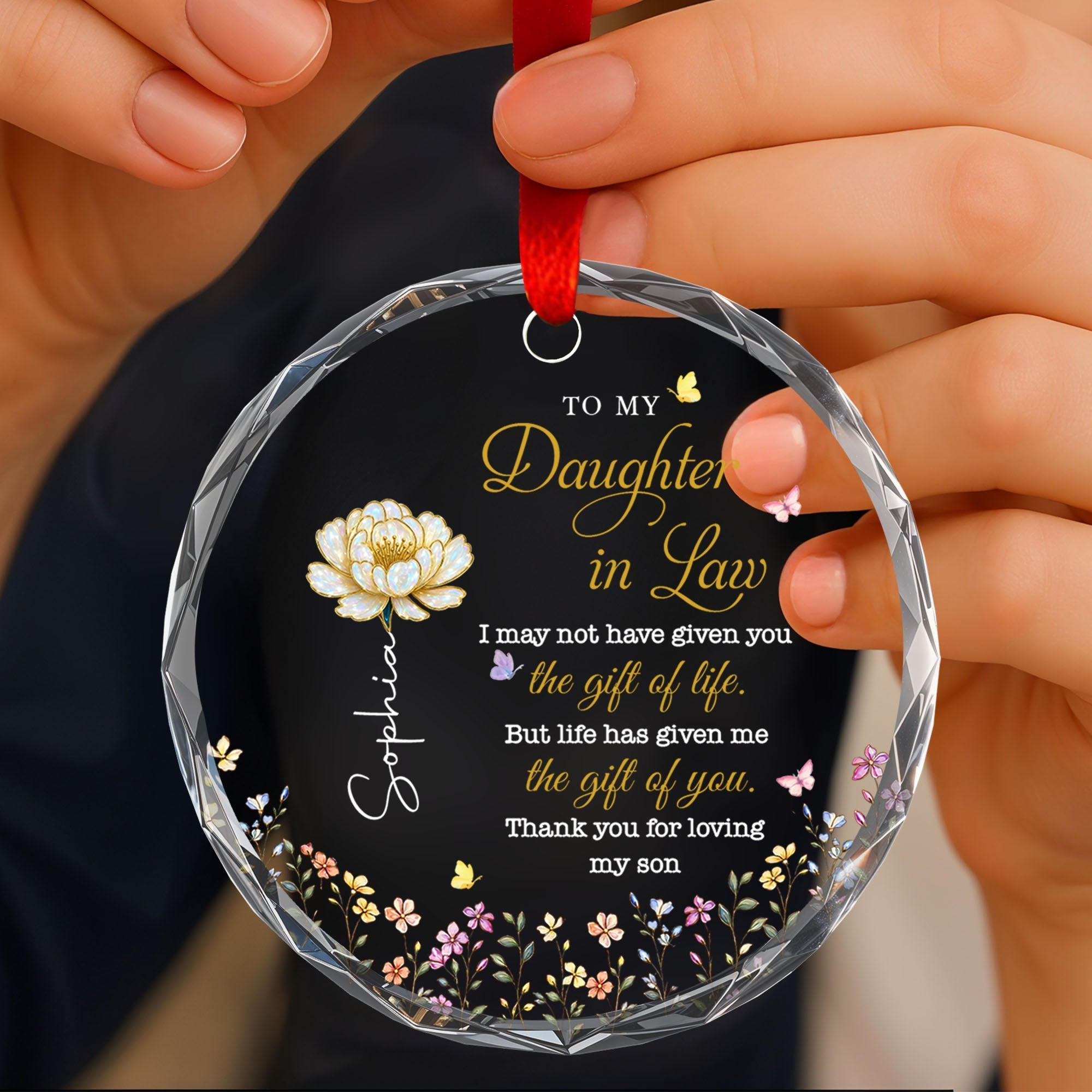 Personalized Glass Circle Ornament Custom Flowers for Daughter-in-Law