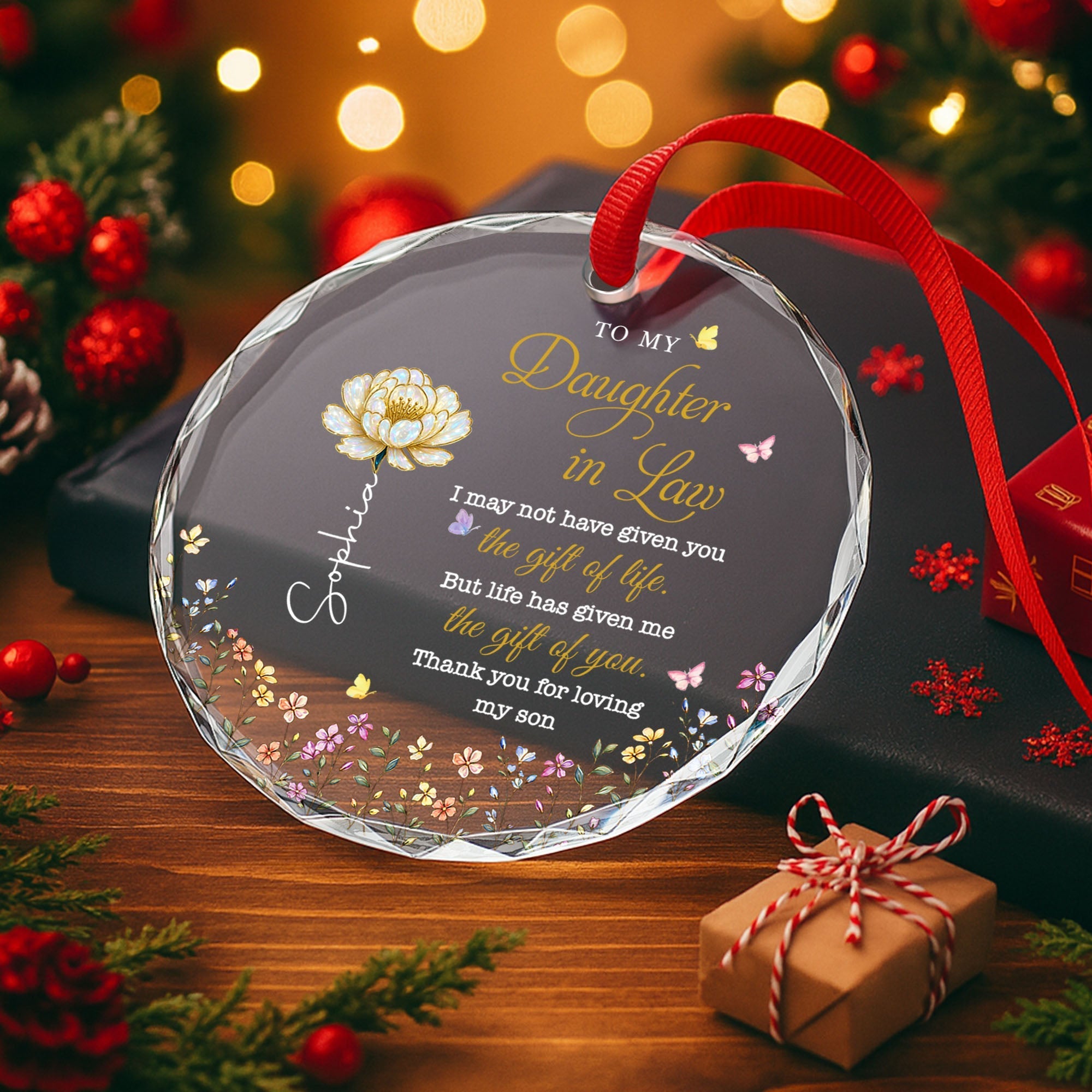 Personalized Glass Circle Ornament Custom Flowers for Daughter-in-Law