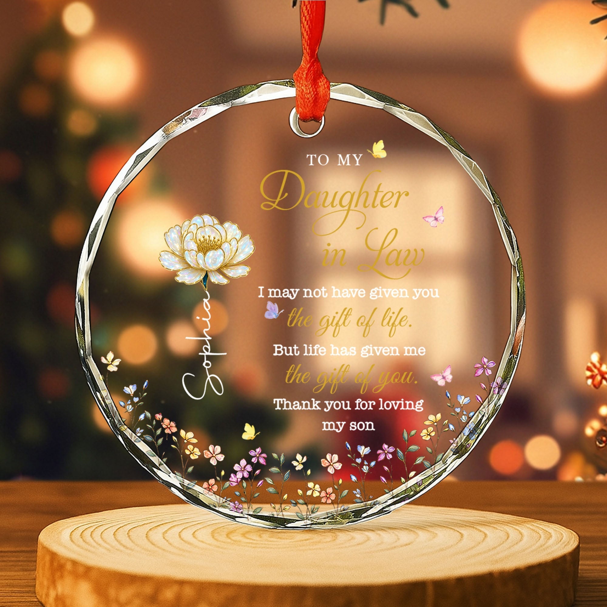 Personalized Glass Circle Ornament Custom Flowers for Daughter-in-Law