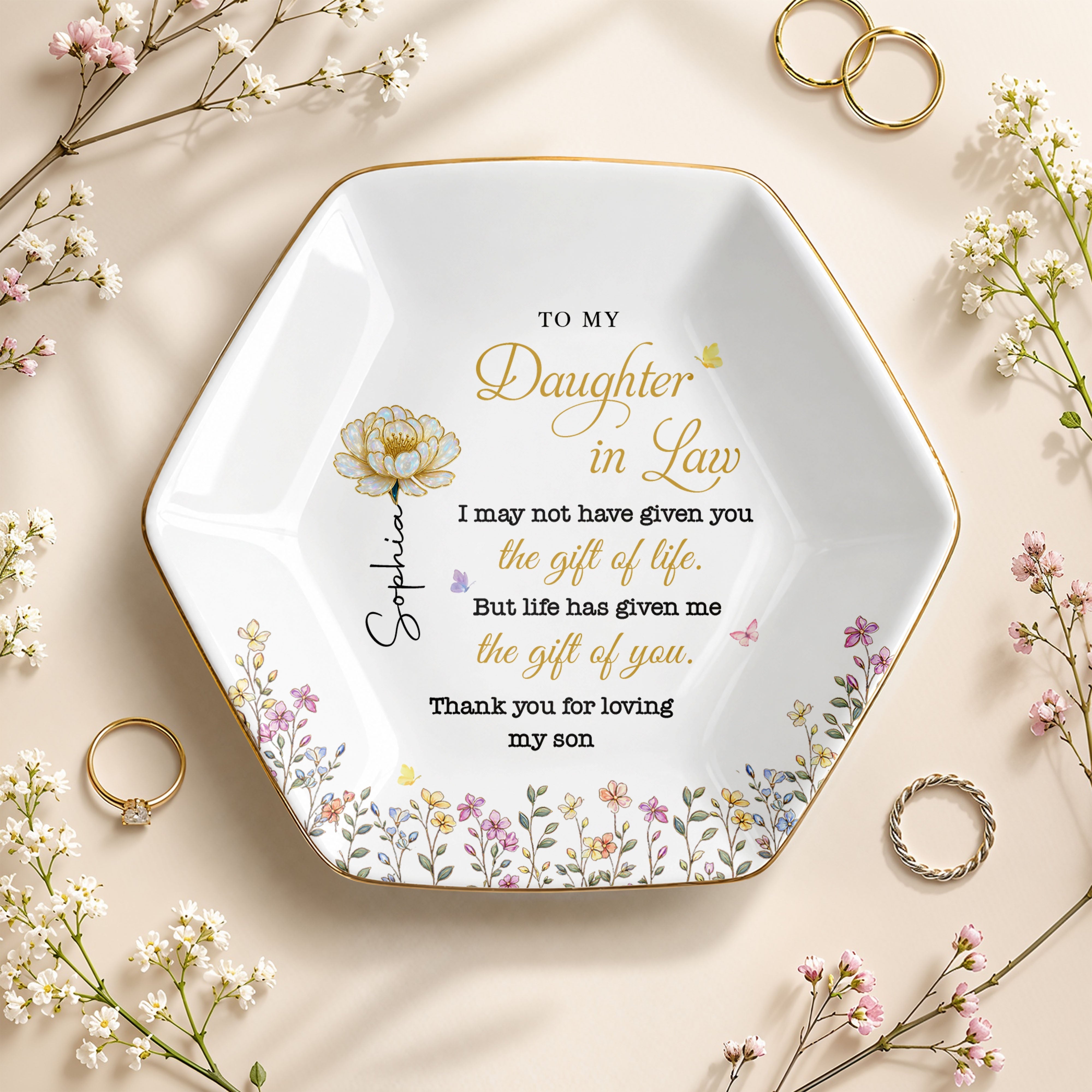 Personalized Hexagonal Jewelry Dish Custom Birth Month Flowers Gift for Daughter-In-Law