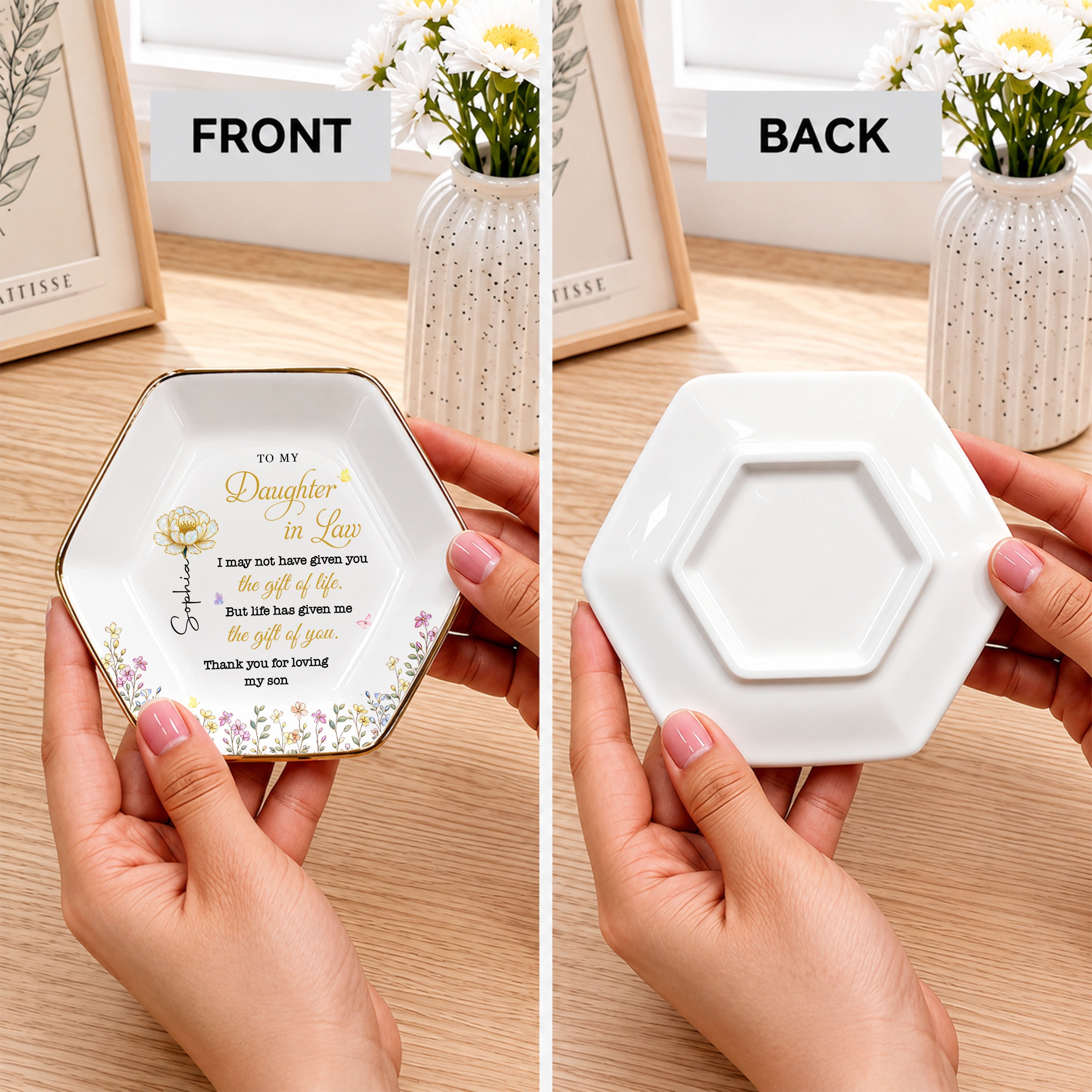 Personalized Hexagonal Jewelry Dish Custom Birth Month Flowers Gift for Daughter-In-Law