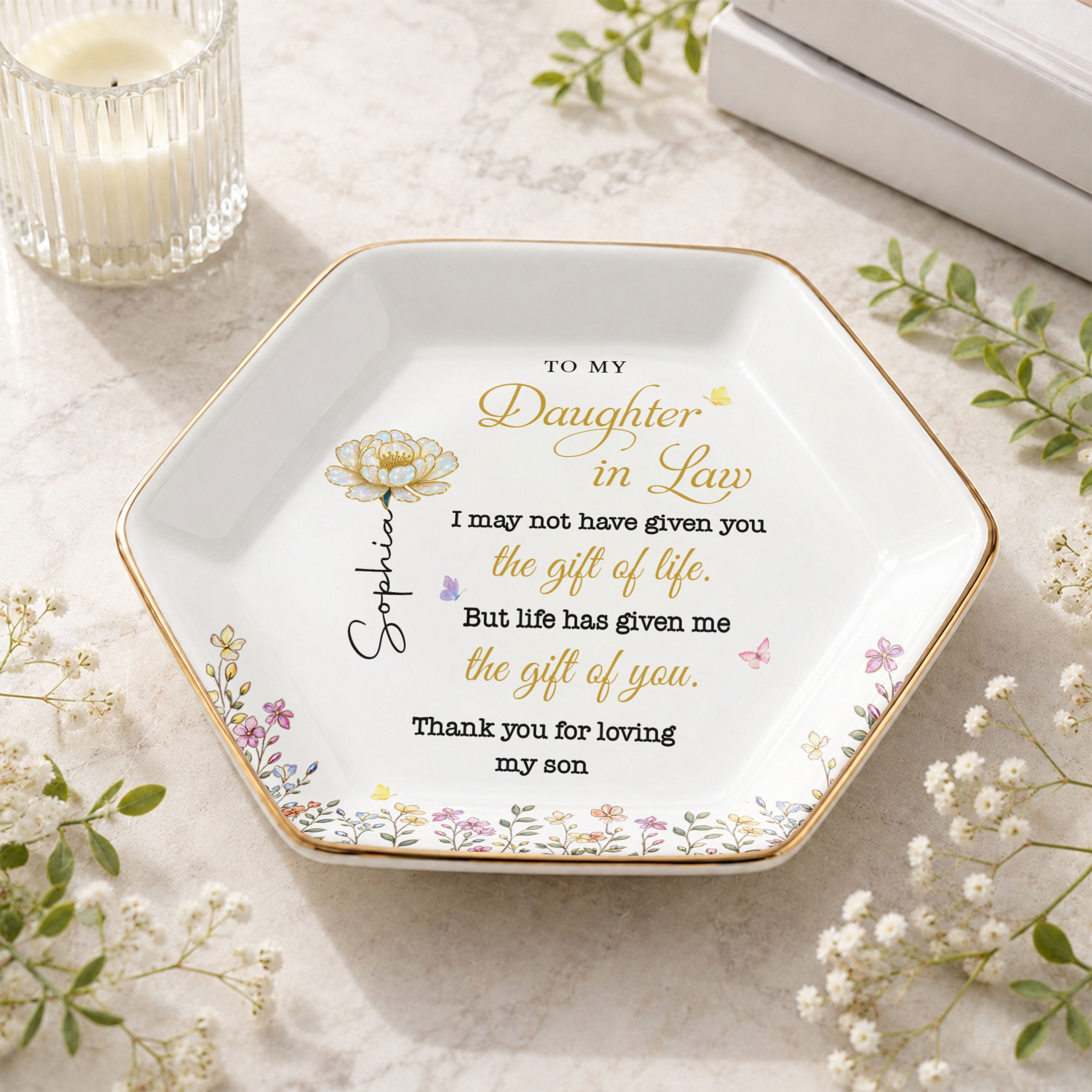 Personalized Hexagonal Jewelry Dish Custom Birth Month Flowers Gift for Daughter-In-Law