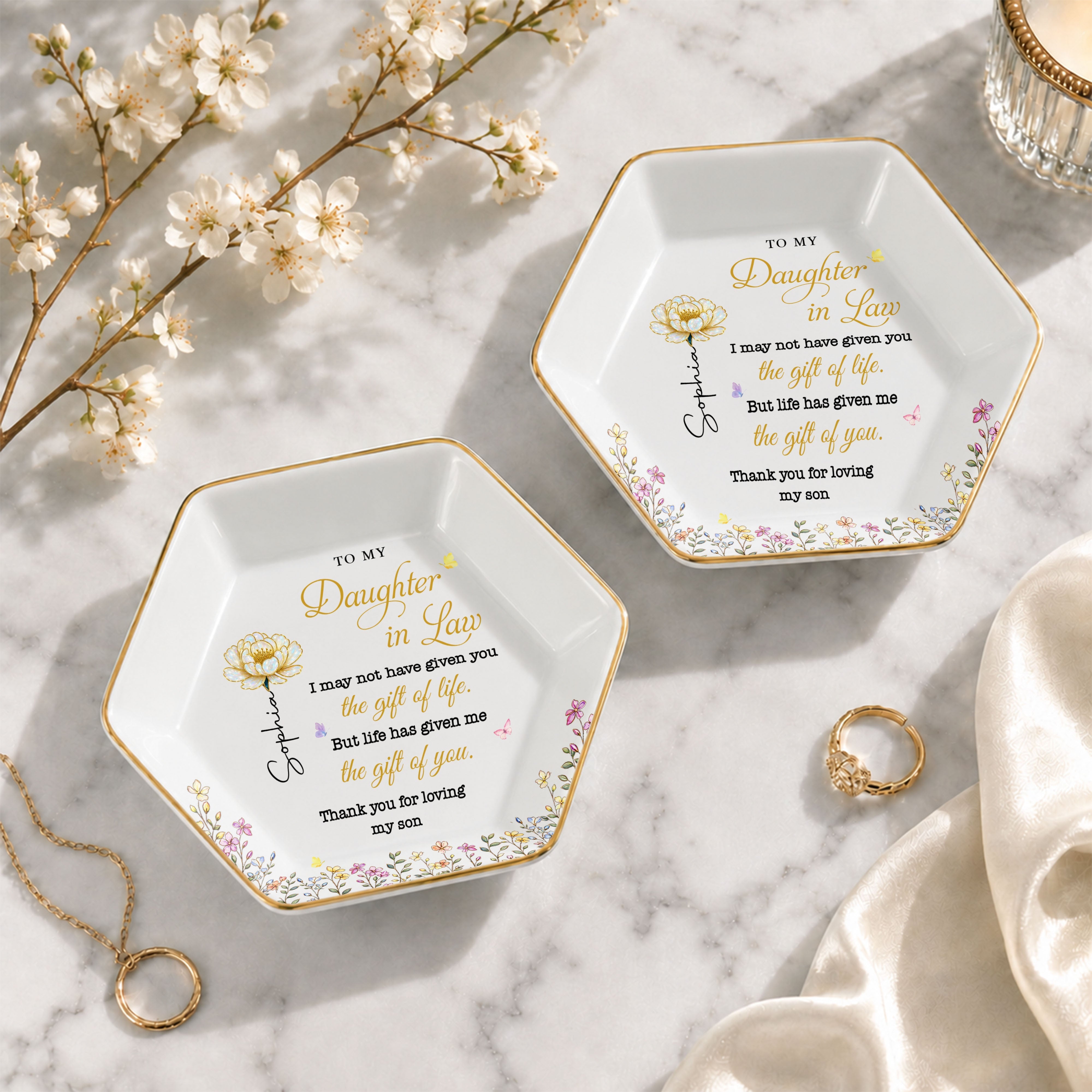 Personalized Hexagonal Jewelry Dish Custom Birth Month Flowers Gift for Daughter-In-Law