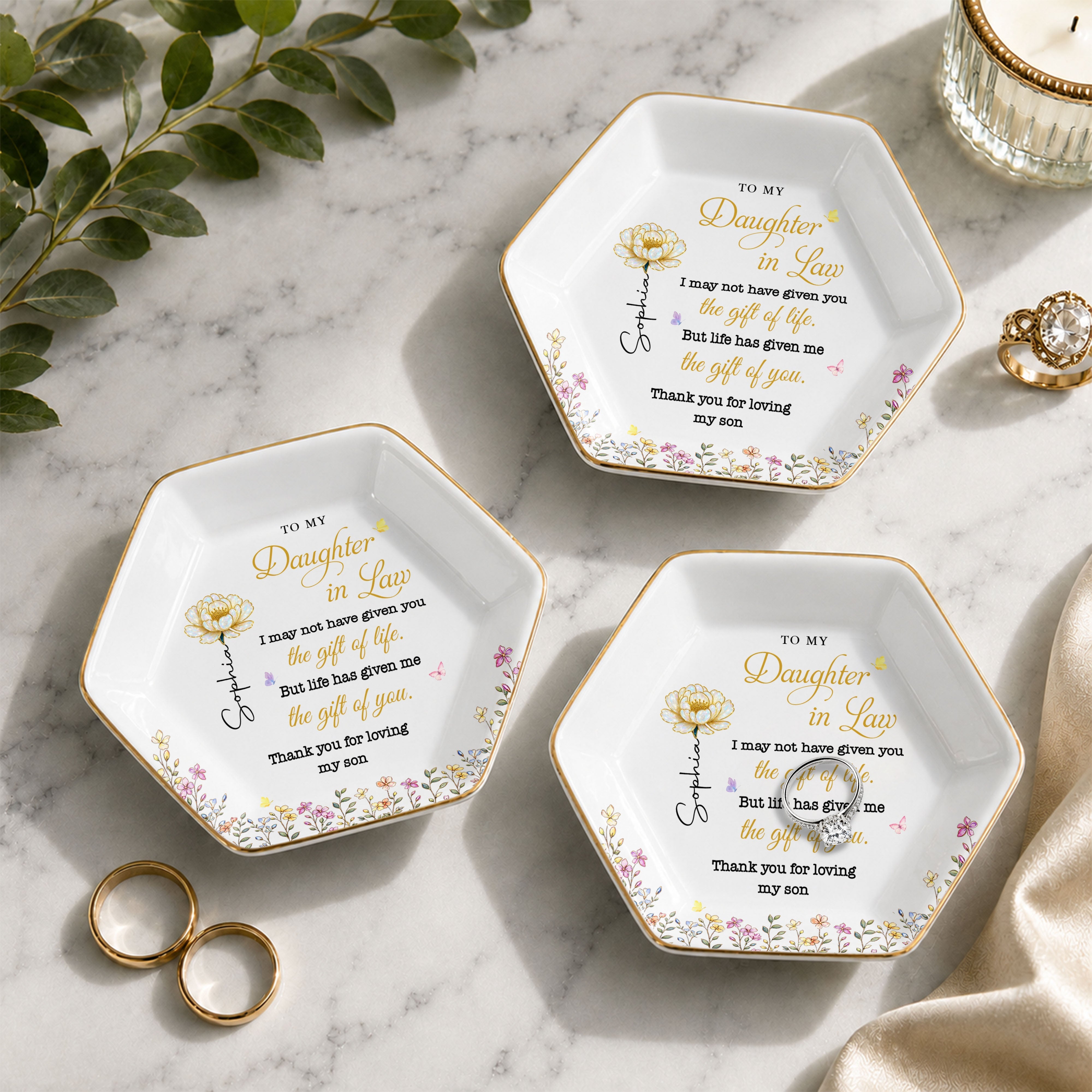 Personalized Hexagonal Jewelry Dish Custom Birth Month Flowers Gift for Daughter-In-Law