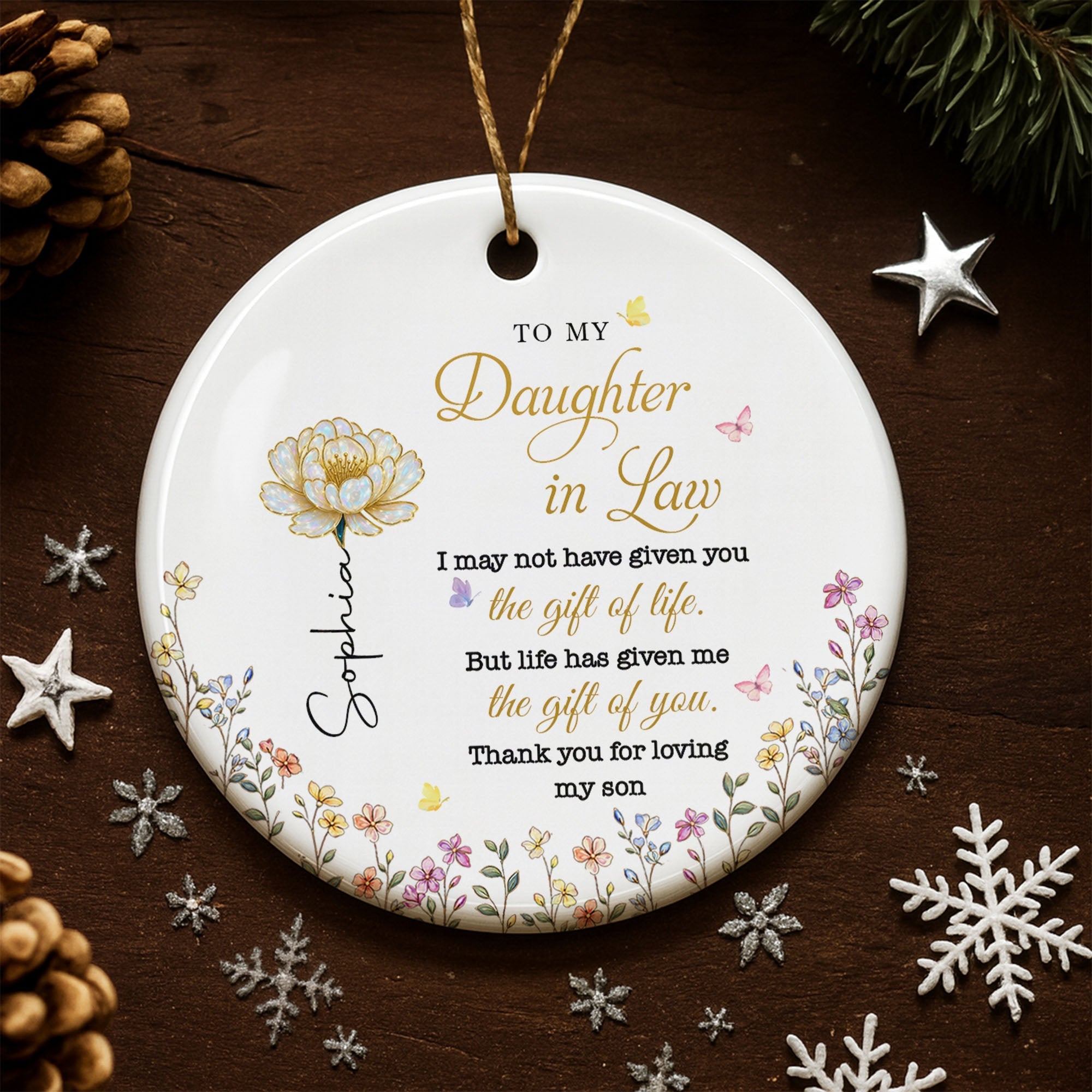 Personalized Ceramic Ornament for Daughter-in-Law Gift with Flowers