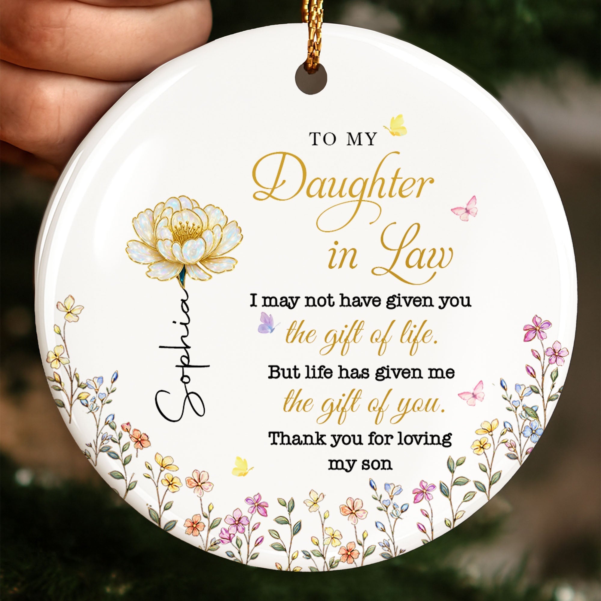 Personalized Ceramic Ornament for Daughter-in-Law Gift with Flowers