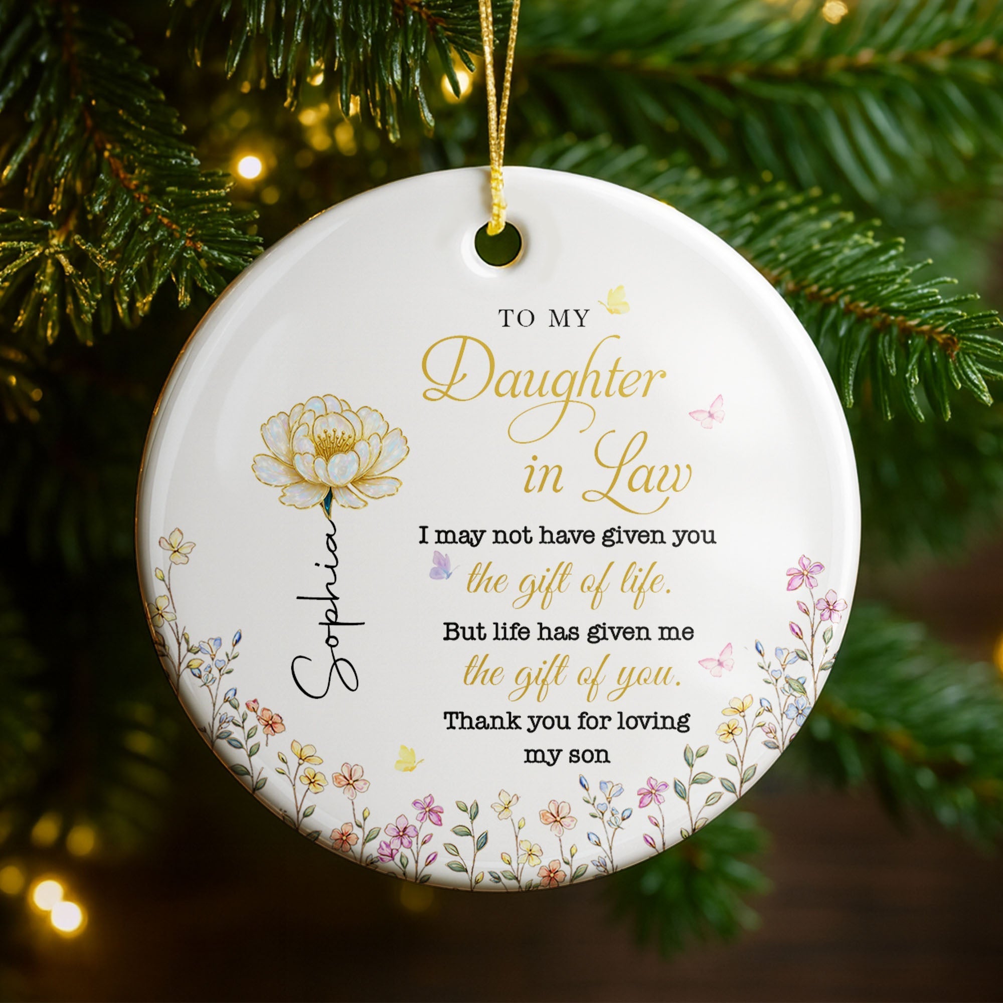Personalized Ceramic Ornament for Daughter-in-Law Gift with Flowers
