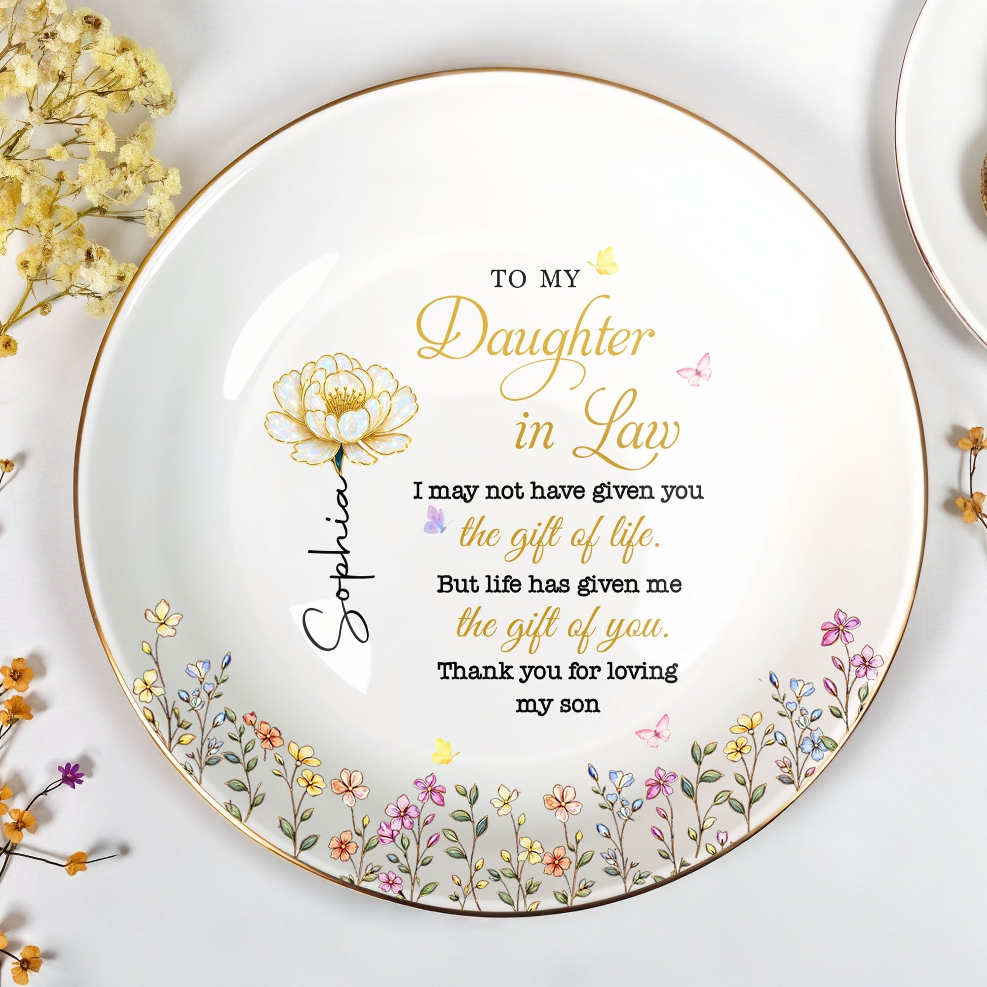 Personalized Birth Month Flower Jewelry Dish for Daughter-in-Law