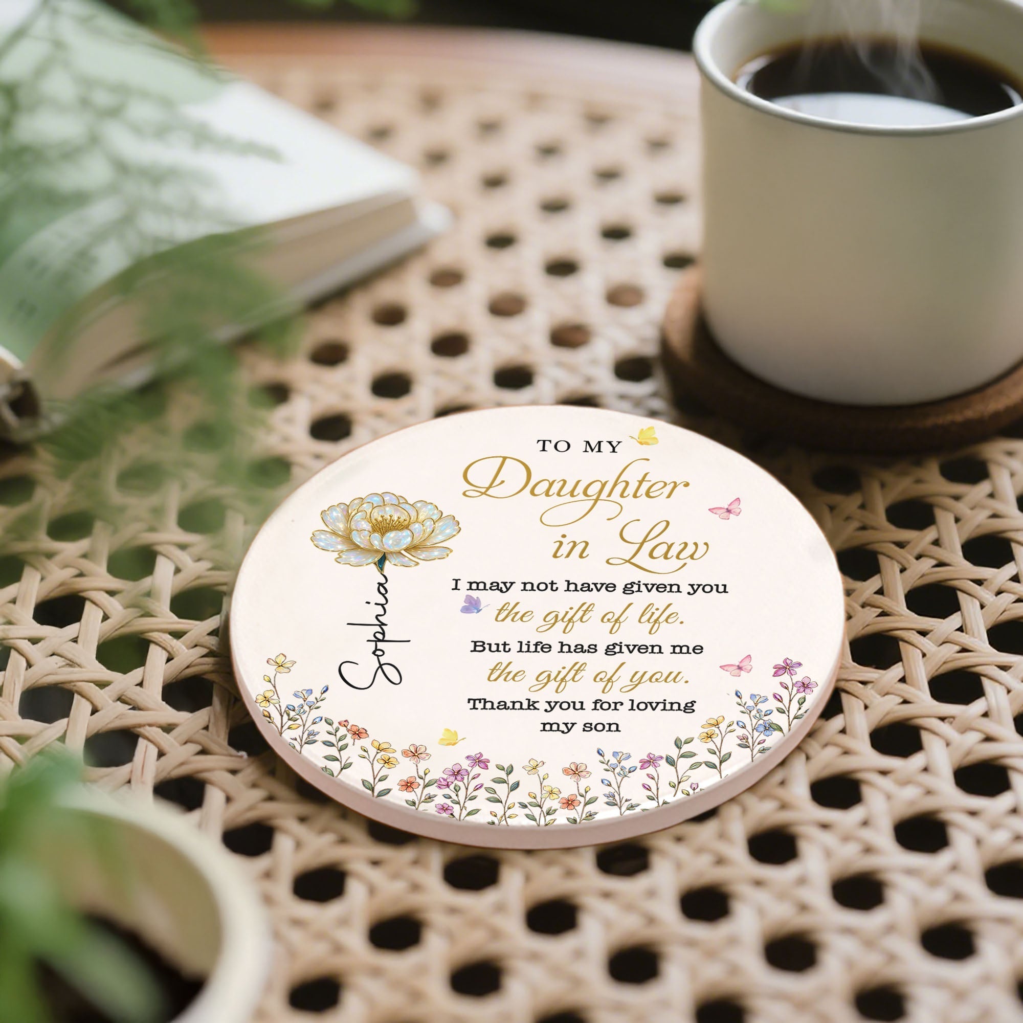 Personalized Ceramic Coaster Gift for Daughter-in-Law - Floral Design