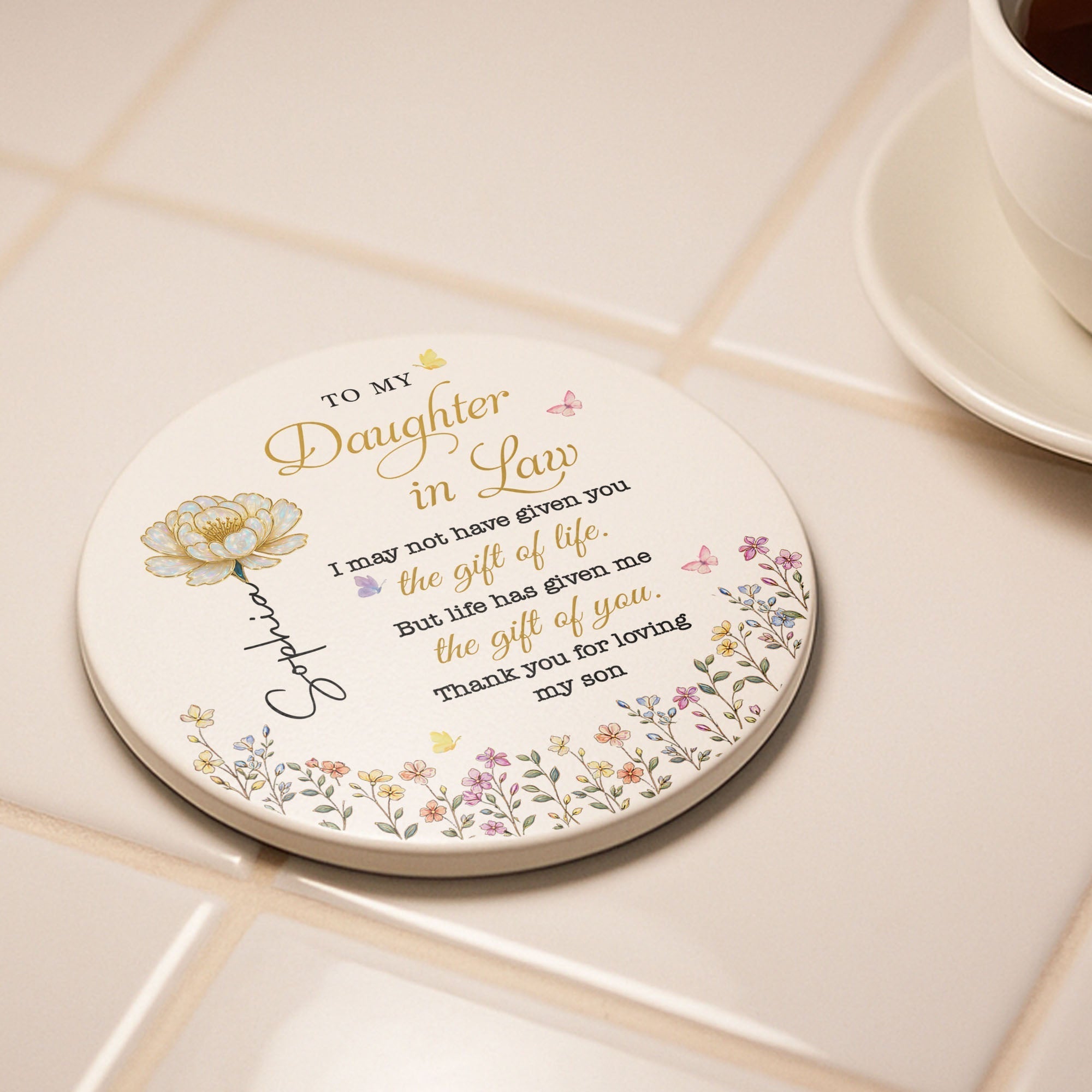 Personalized Ceramic Coaster Gift for Daughter-in-Law - Floral Design