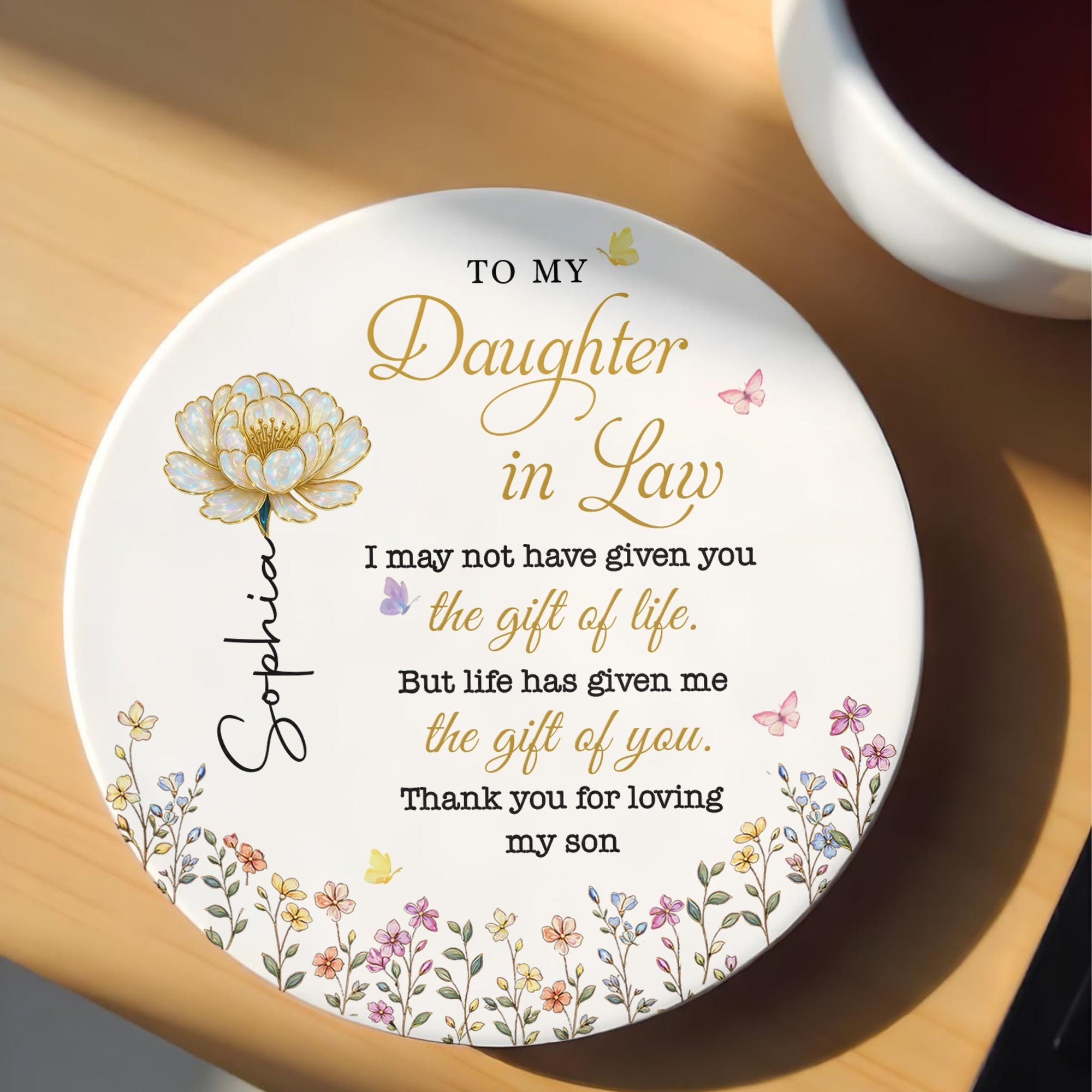 Personalized Ceramic Coaster Gift for Daughter-in-Law - Floral Design