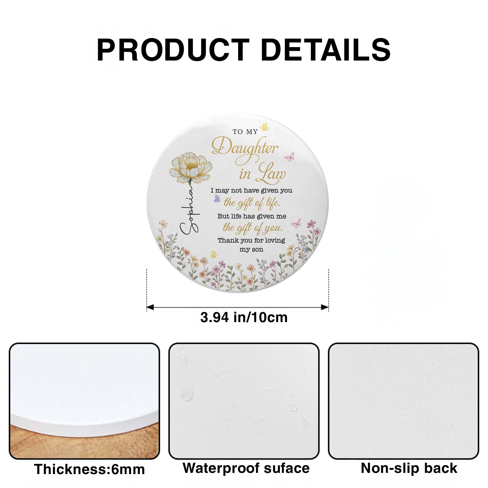 Personalized Ceramic Coaster Gift for Daughter-in-Law - Floral Design