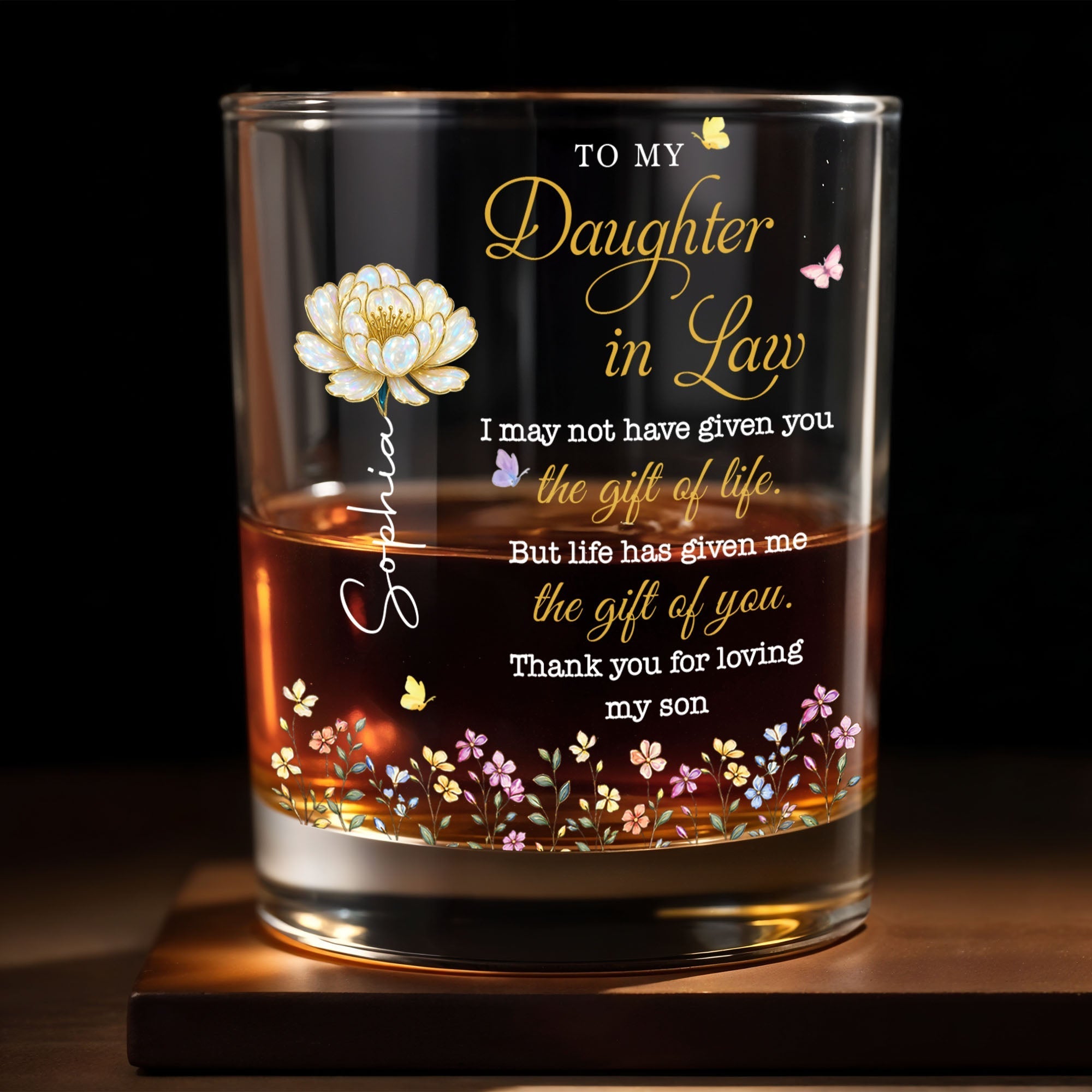 Personalized Whiskey Glass Custom Flowers Gift for Daughter-in-Law