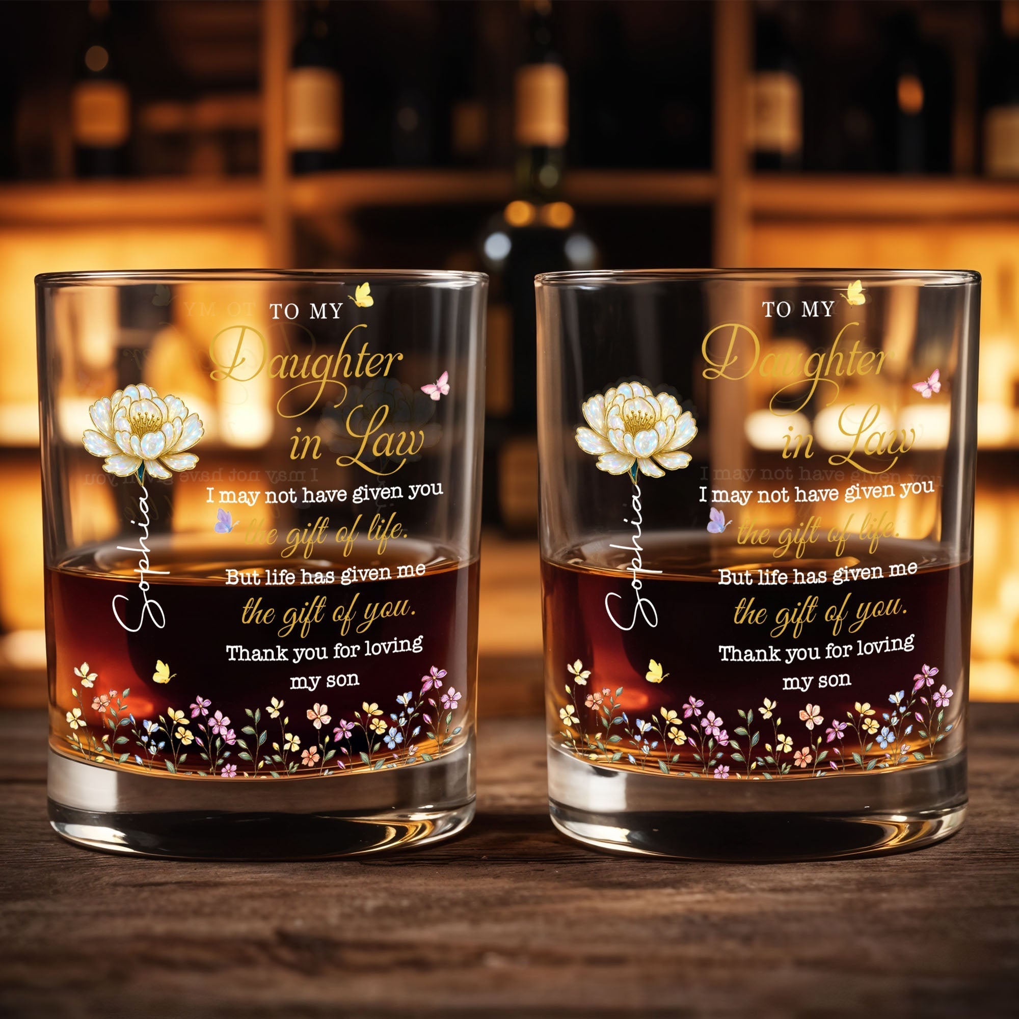 Personalized Whiskey Glass Custom Flowers Gift for Daughter-in-Law