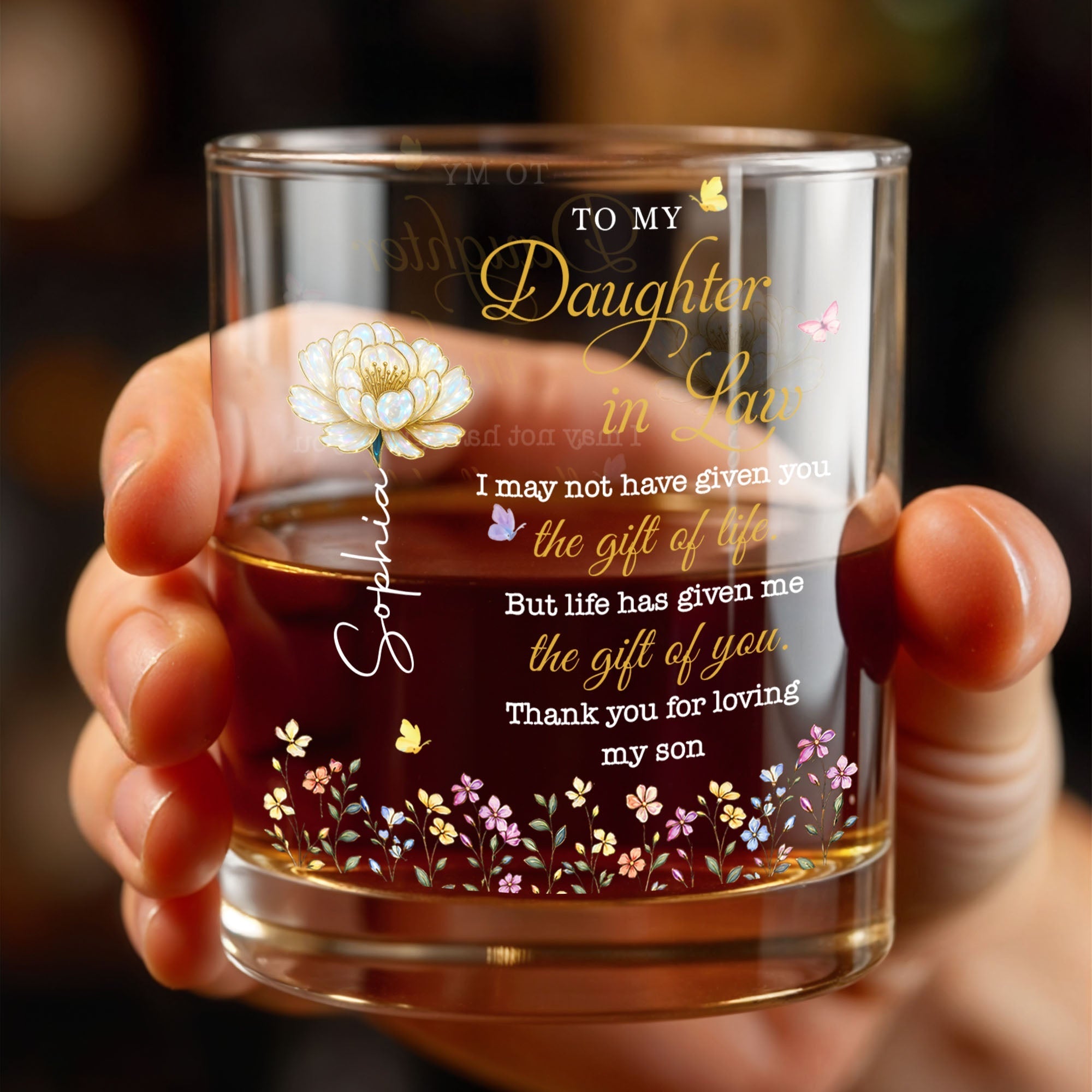 Personalized Whiskey Glass Custom Flowers Gift for Daughter-in-Law