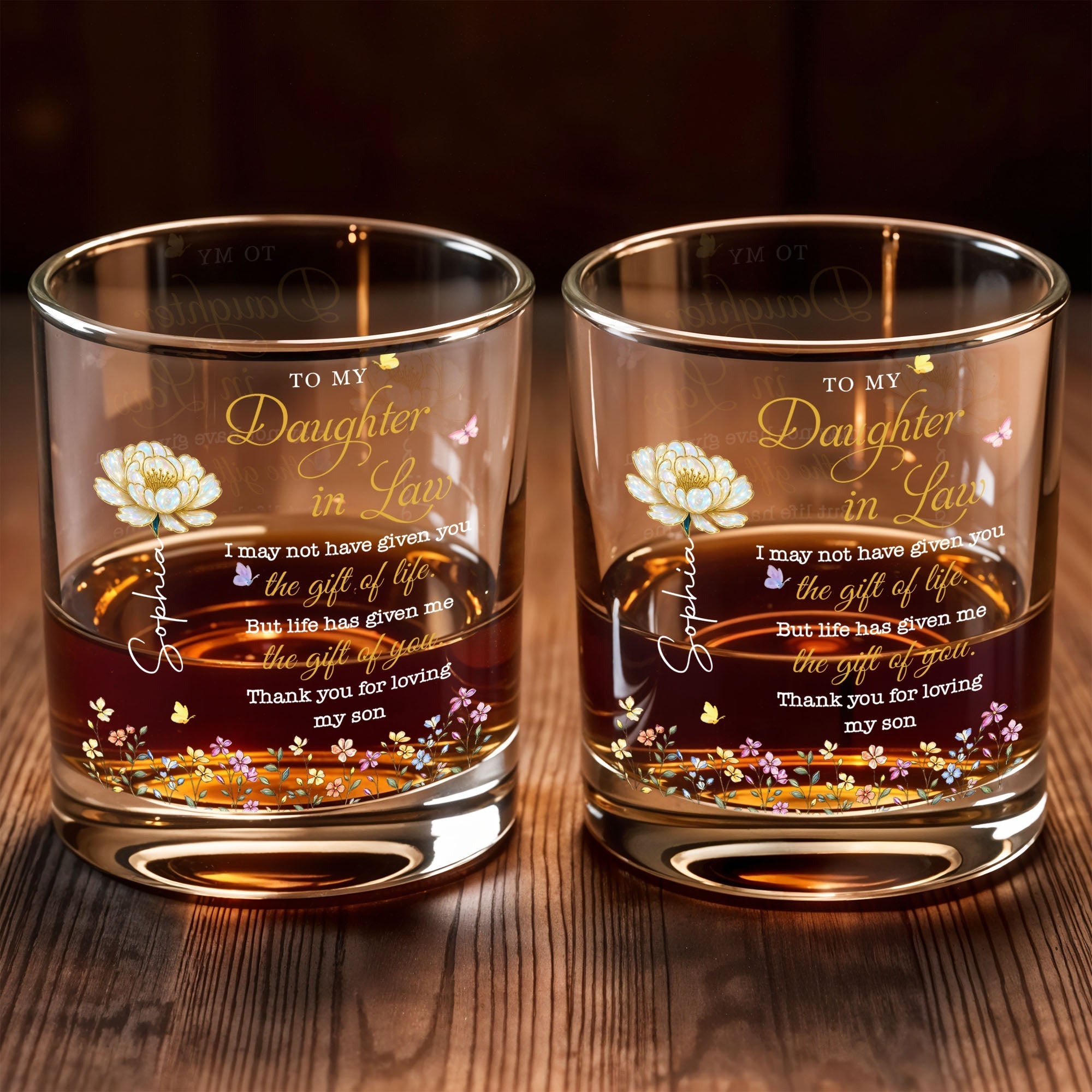 Personalized Whiskey Glass Custom Flowers Gift for Daughter-in-Law