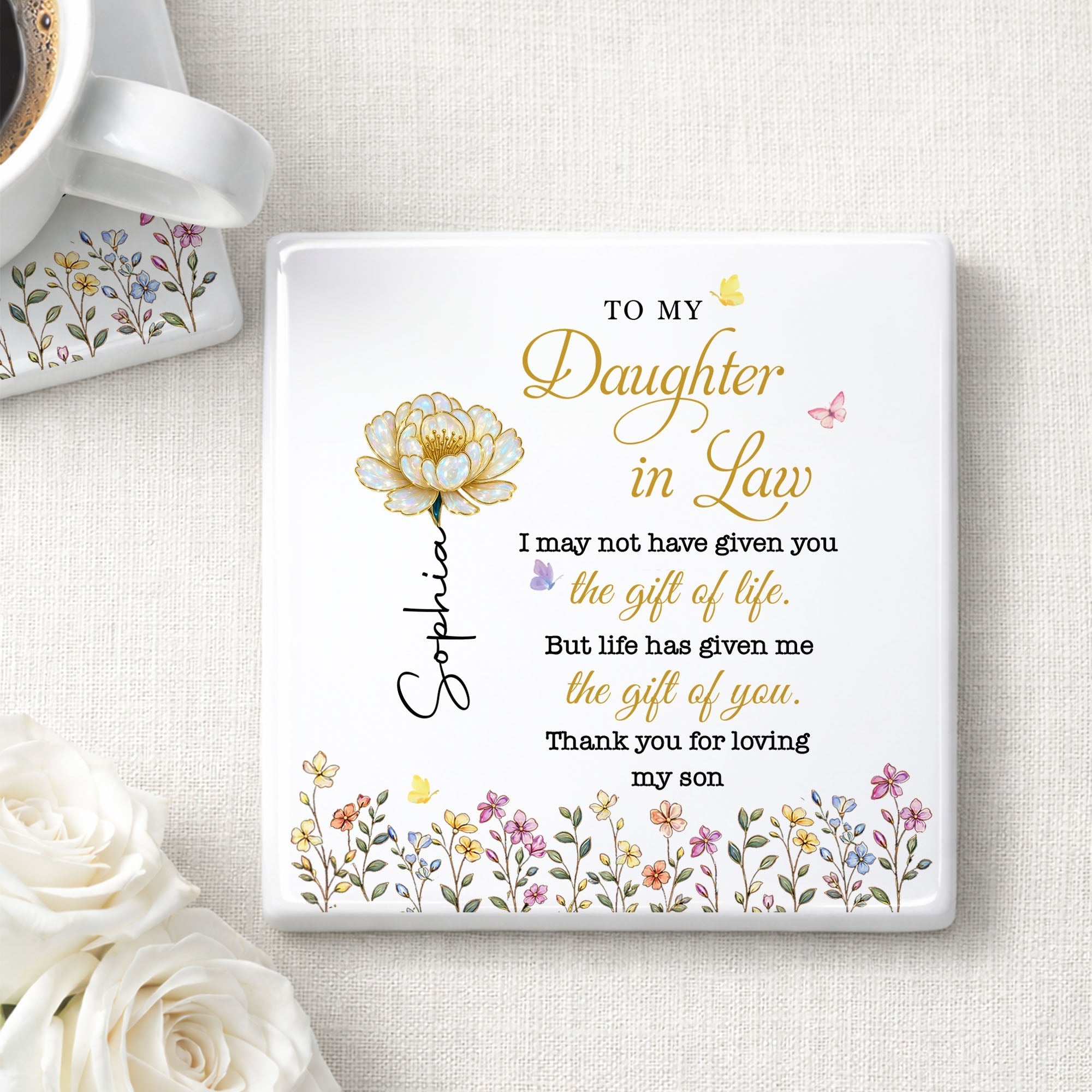 Personalized Ceramic Coaster Custom Flower Design Gift for Daughter-in-Law