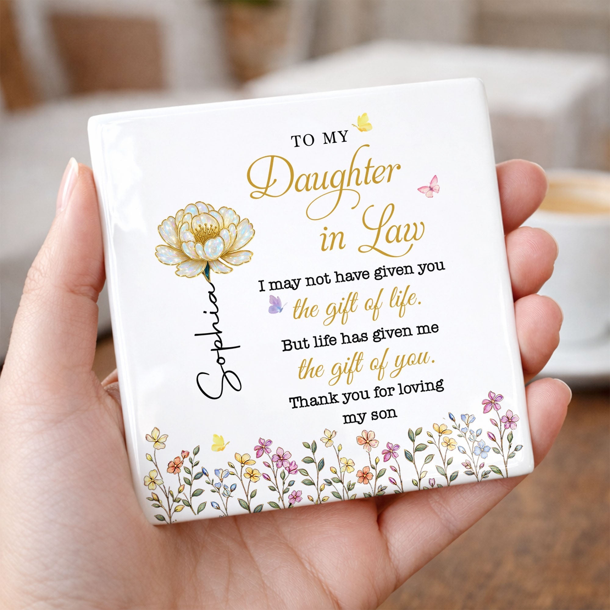 Personalized Ceramic Coaster Custom Flower Design Gift for Daughter-in-Law