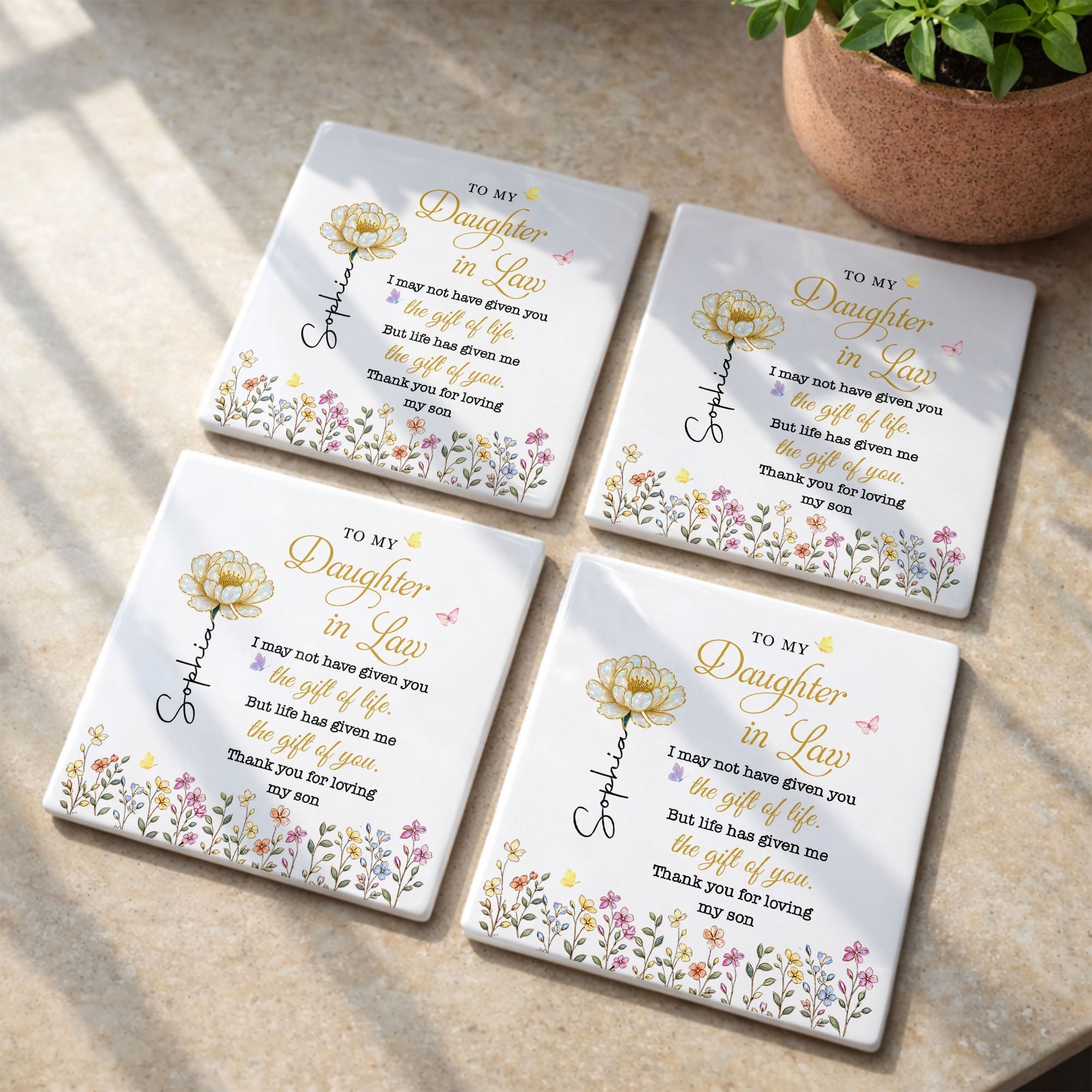 Personalized Ceramic Coaster Custom Flower Design Gift for Daughter-in-Law