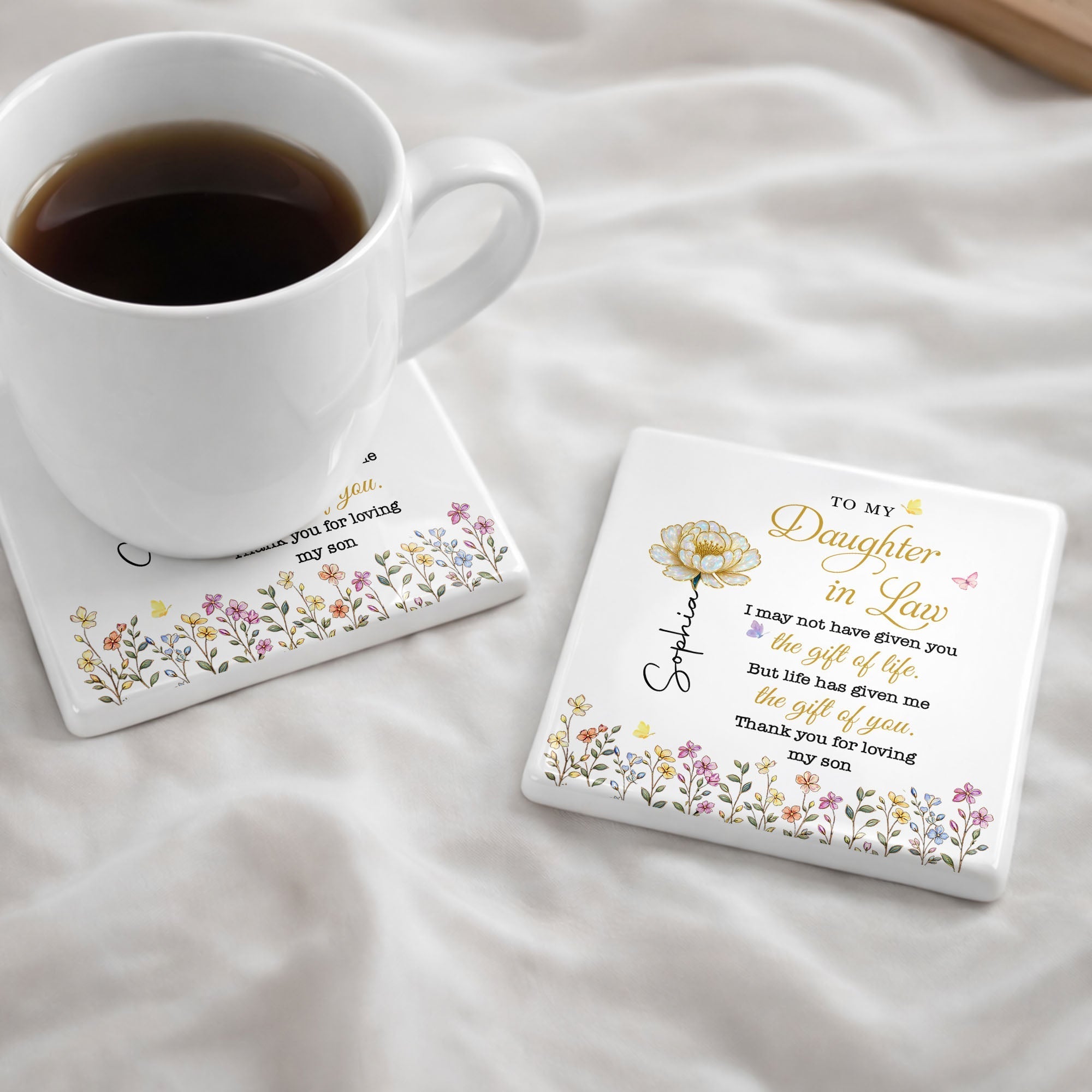 Personalized Ceramic Coaster Custom Flower Design Gift for Daughter-in-Law